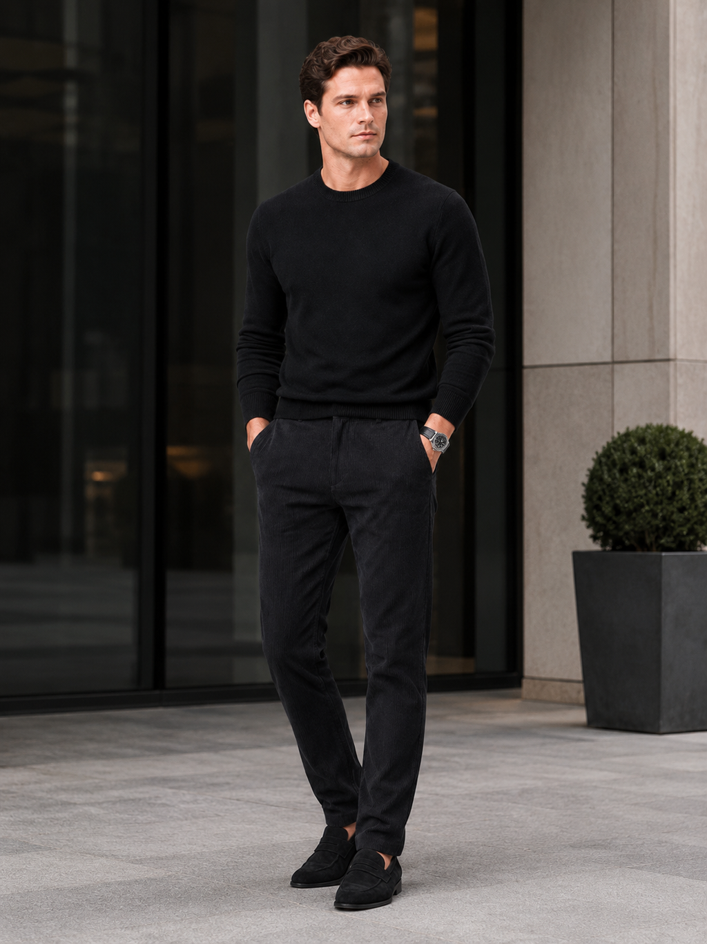 Man styling black corduroy pants in a modern fall winter everyday lifestyle outfit