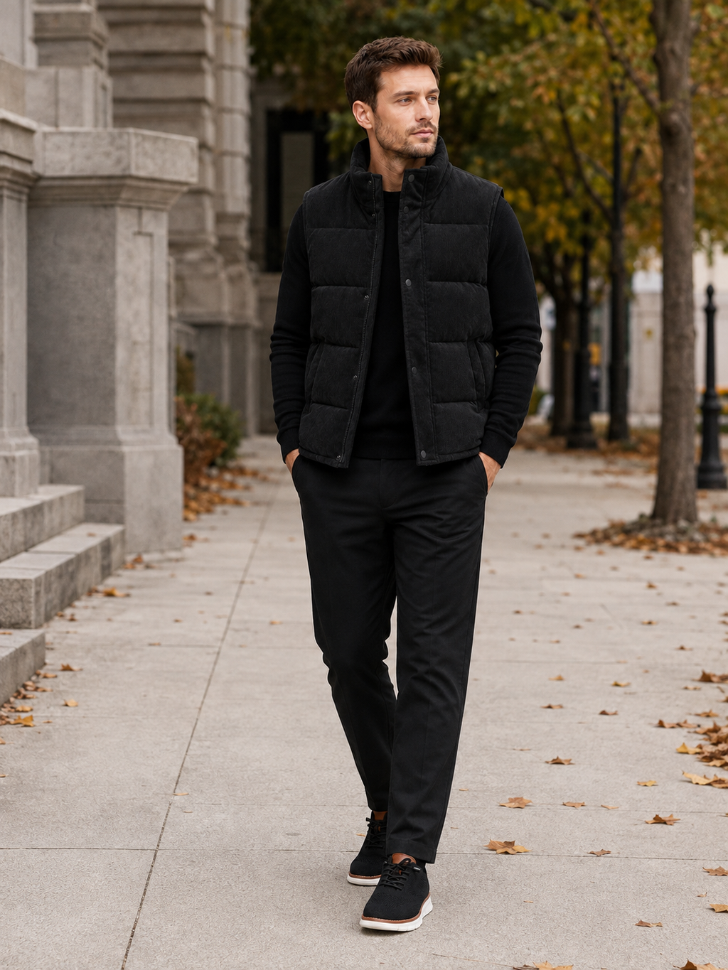 Man wearing a black corduroy puffer vest in a casual fall winter outfit for outdoor and everyday wear