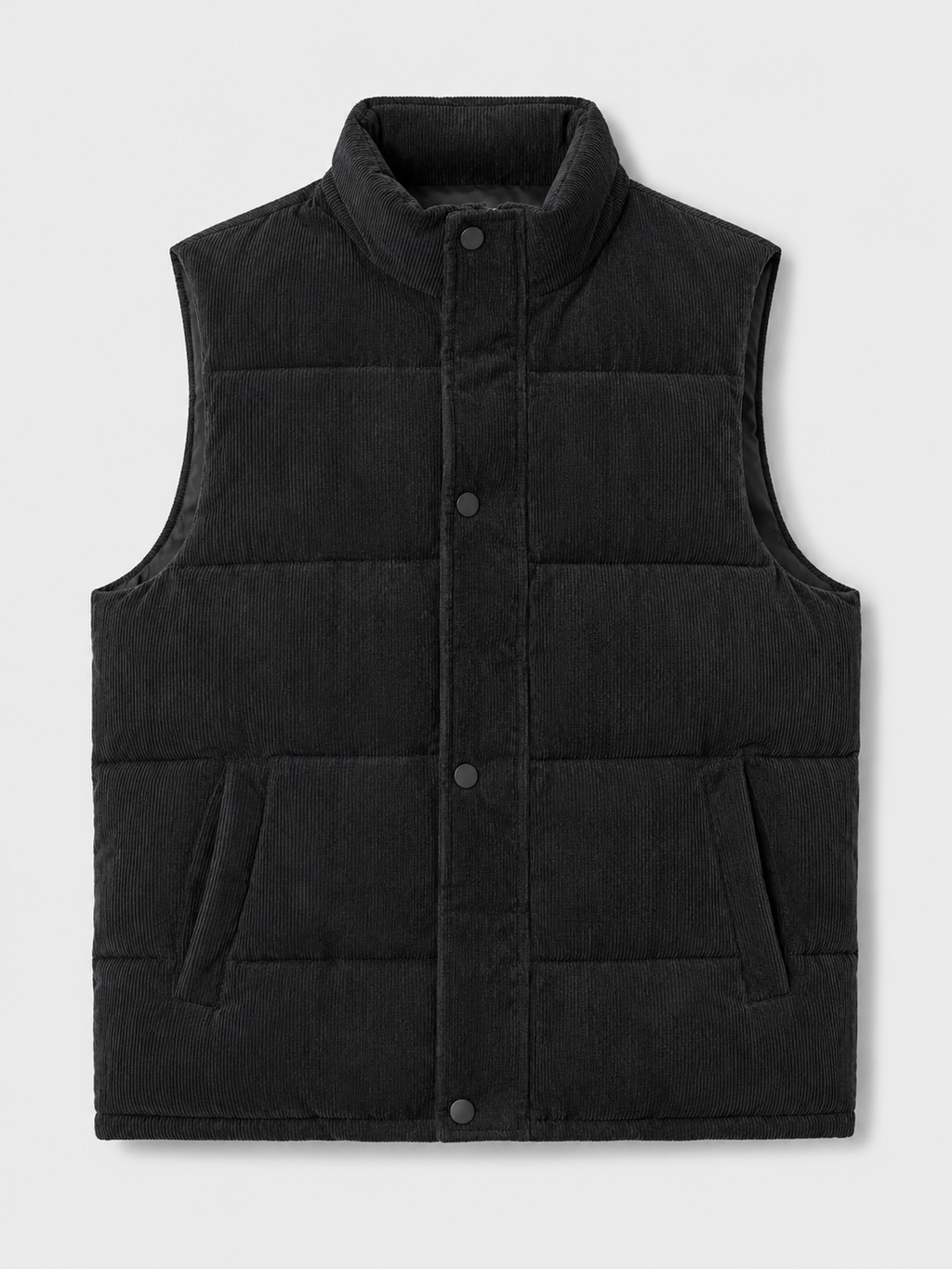 Black men’s thick padded corduroy puffer vest with a stand collar displayed on a plain background
