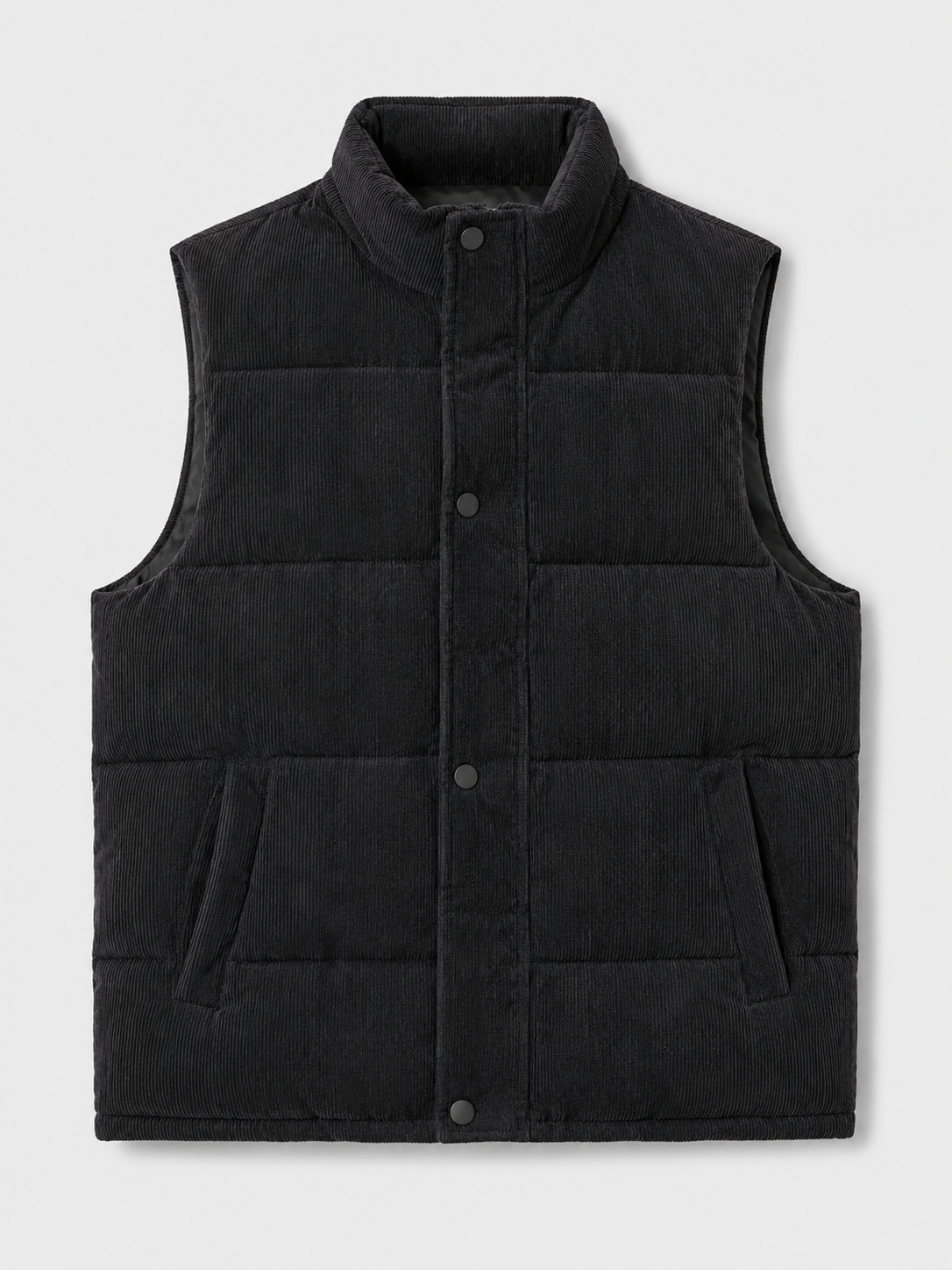 Black men’s thick padded corduroy puffer vest with a stand collar displayed on a plain background