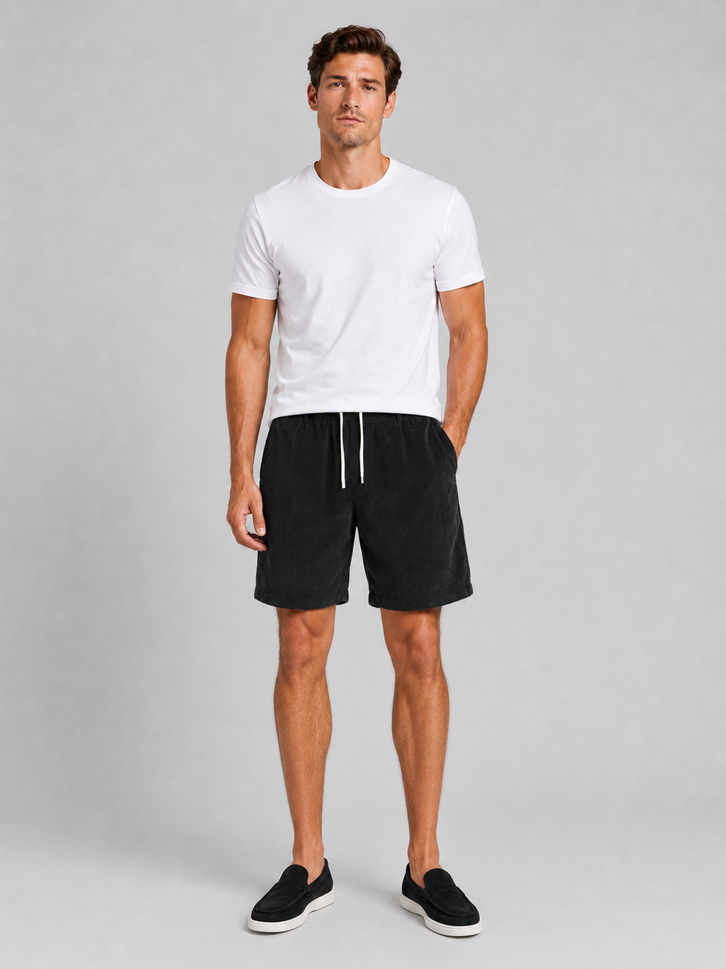 Men wearing black corduroy shorts drawstring loose fit summer casual beach style