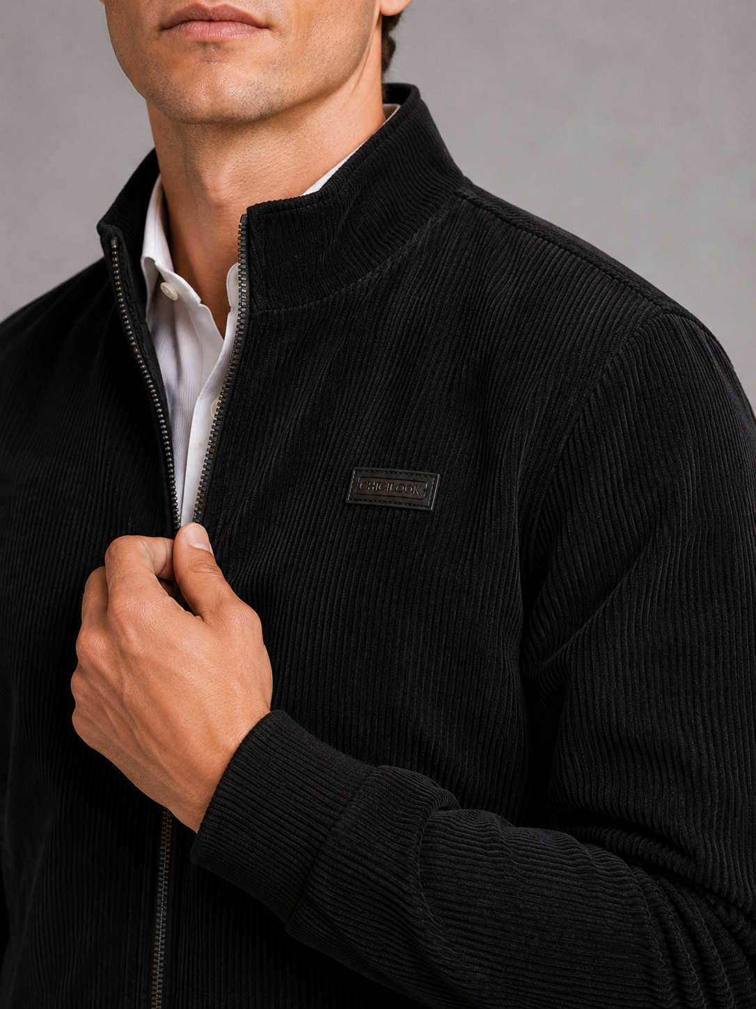 Close up of black corduroy workwear jacket showing padded cotton fabric and textured corduroy detail