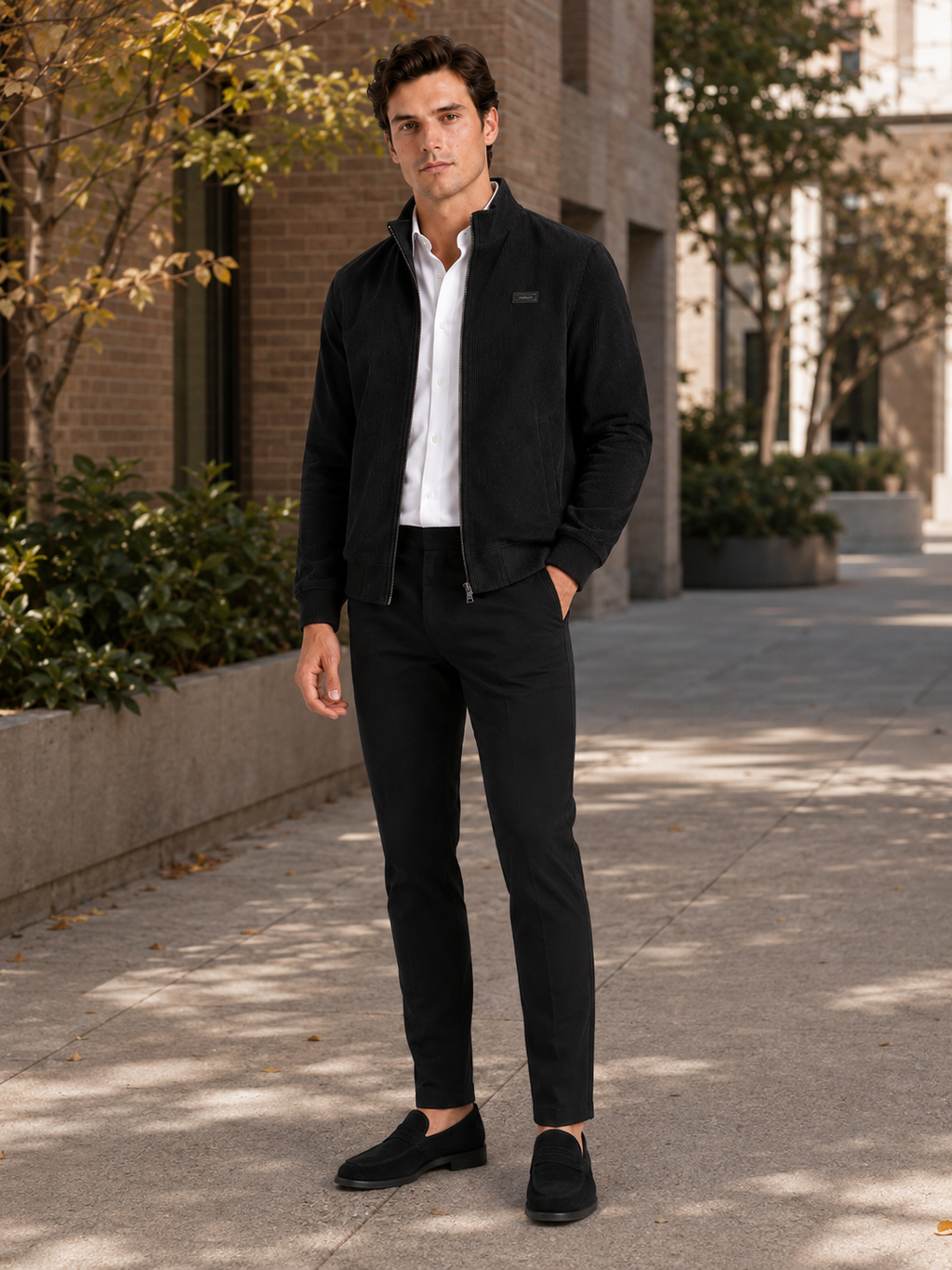 Man styling black corduroy workwear jacket in a modern outdoor and everyday lifestyle outfit