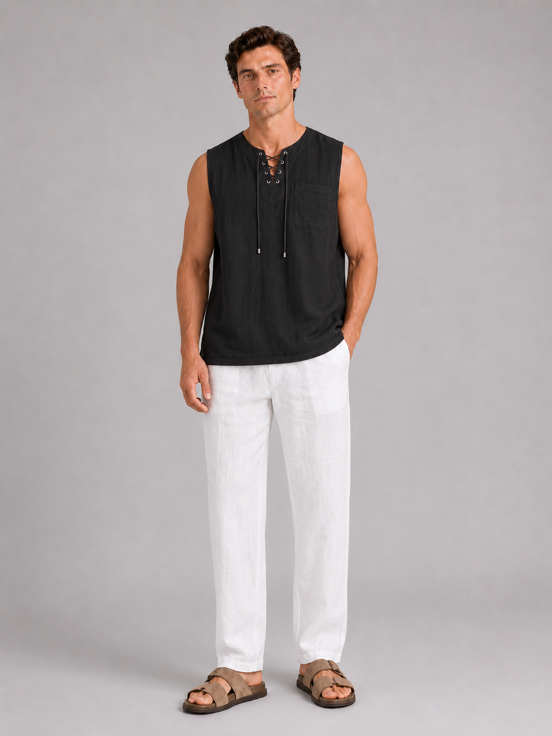 Black sleeveless cotton linen shirt for men lightweight summer top for vacation and beach wear