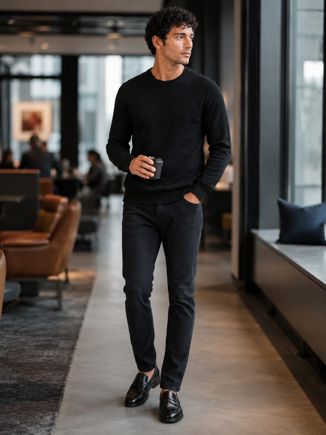 Man styling black crew neck knit sweater in a modern fall lifestyle outfit