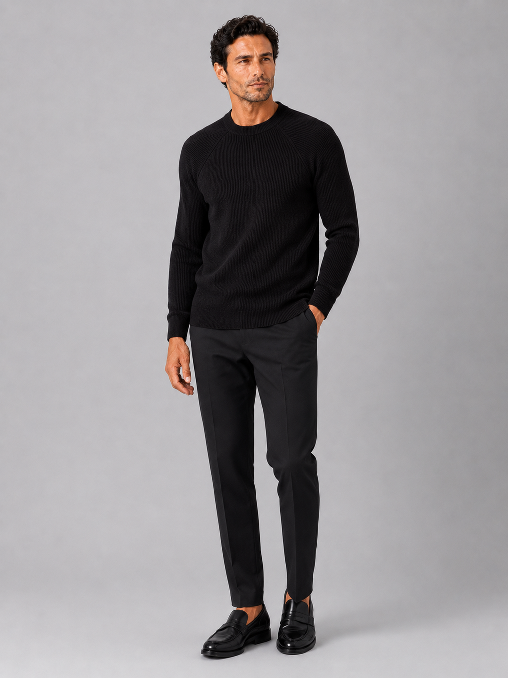 Black crew neck sweater for men slim fit winter pullover for everyday and office wear