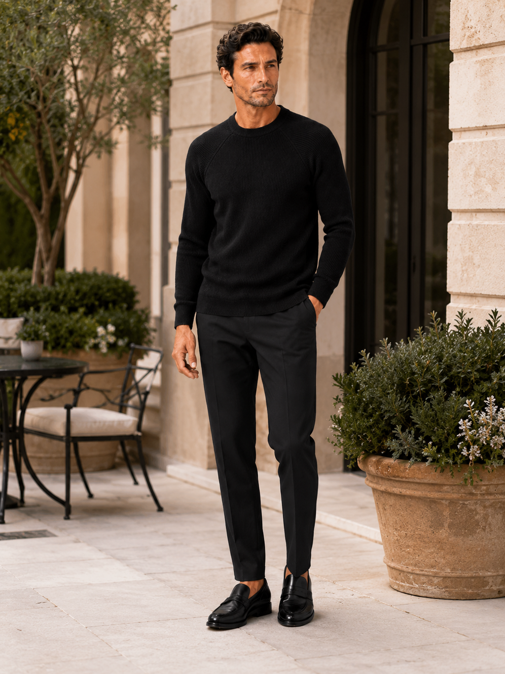 Man styling black crew neck sweater in a modern fall winter business casual lifestyle outfit