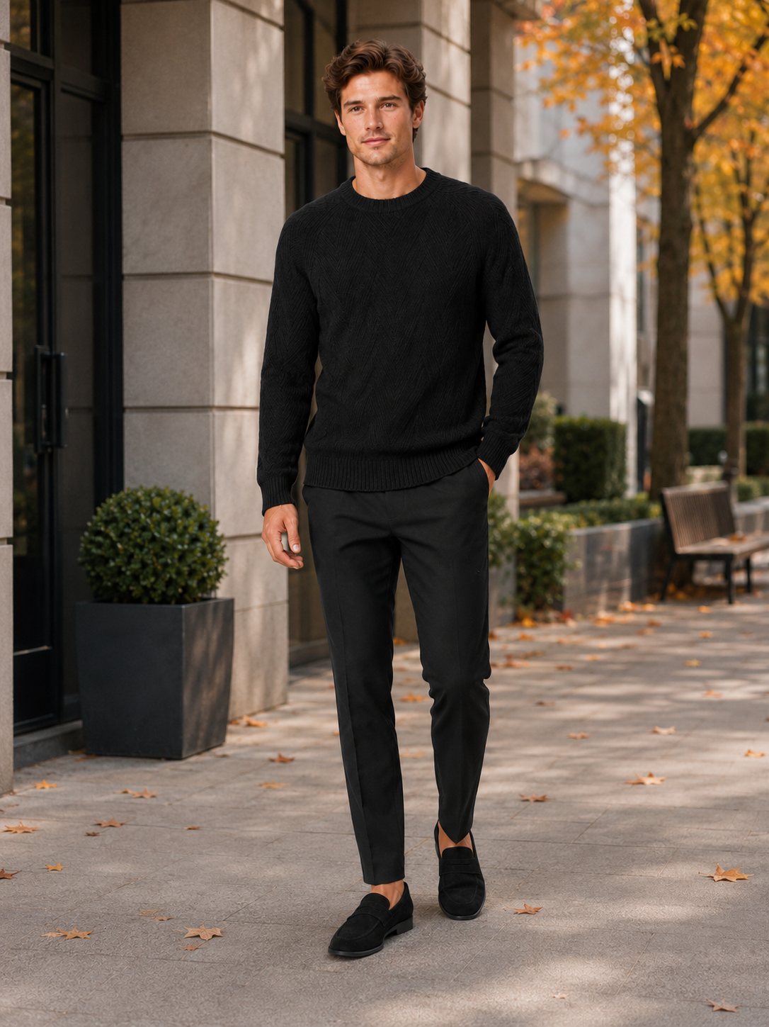 Man styling black crewneck sweater in a modern fall everyday lifestyle outfit