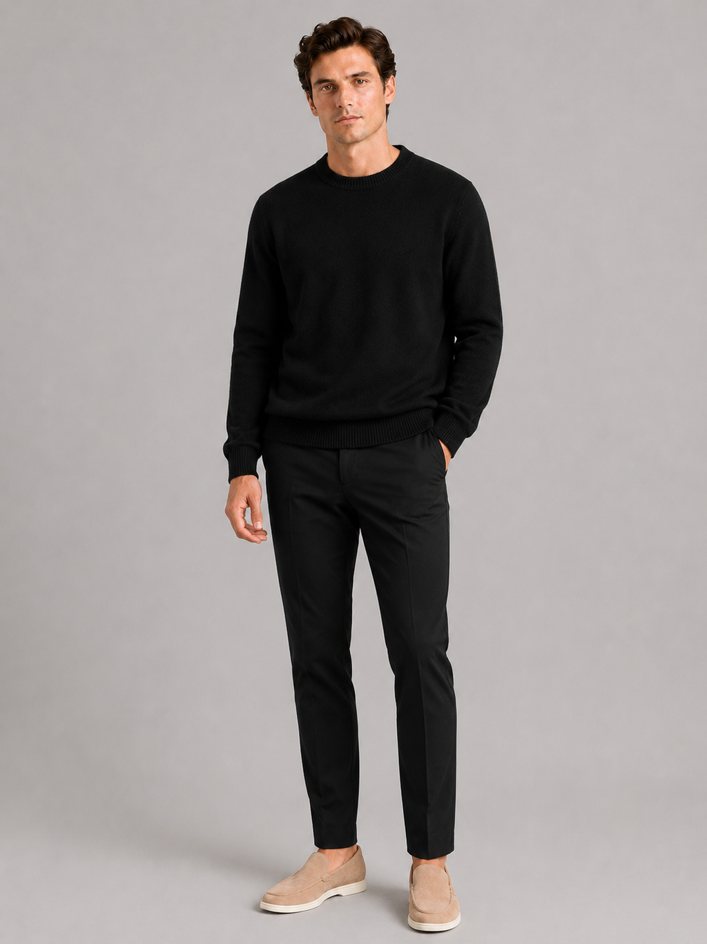Black crewneck sweater for men loose fit pullover for everyday fall winter wear