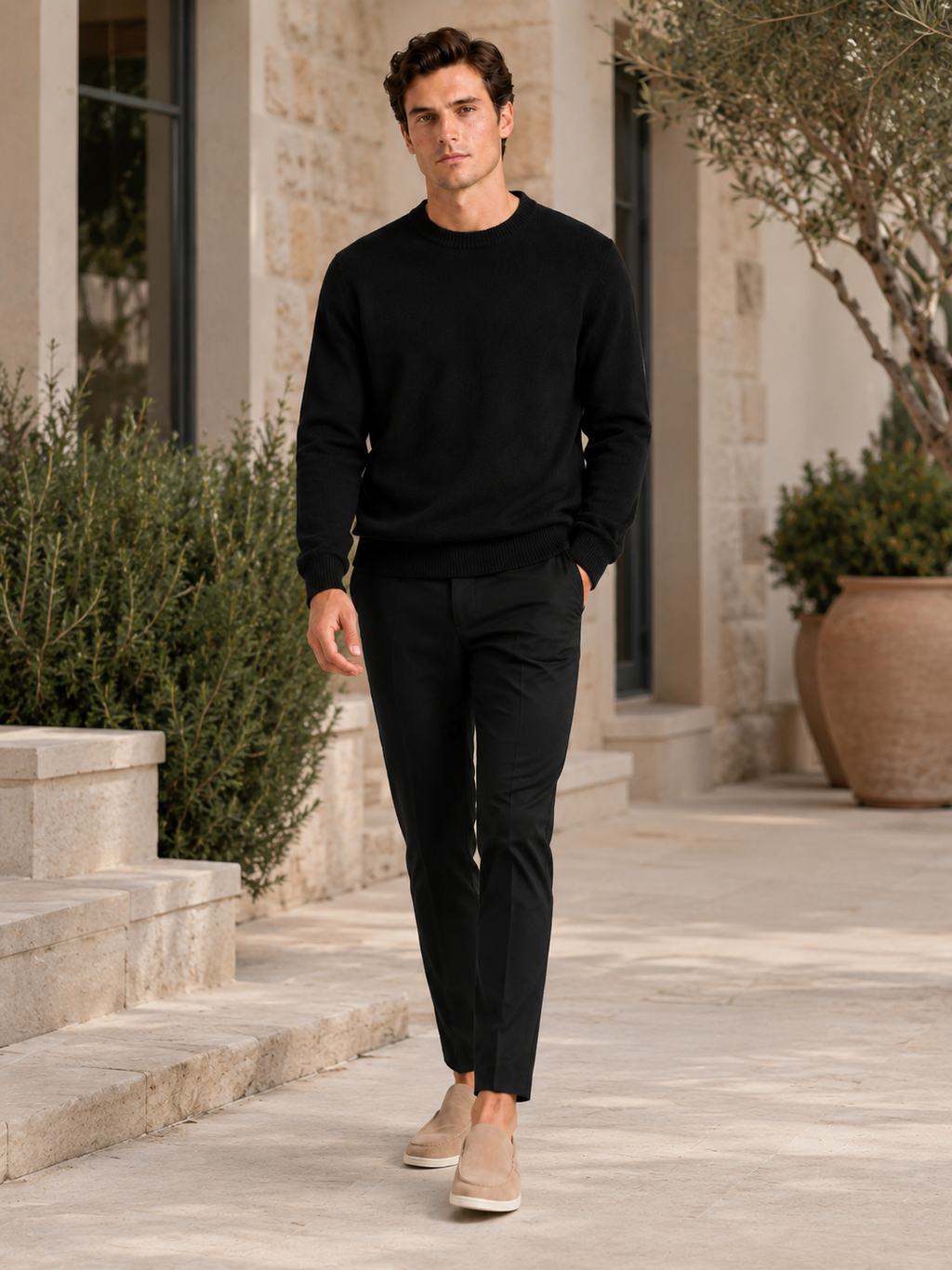 Man styling black crewneck sweater in a modern everyday fall winter lifestyle outfit