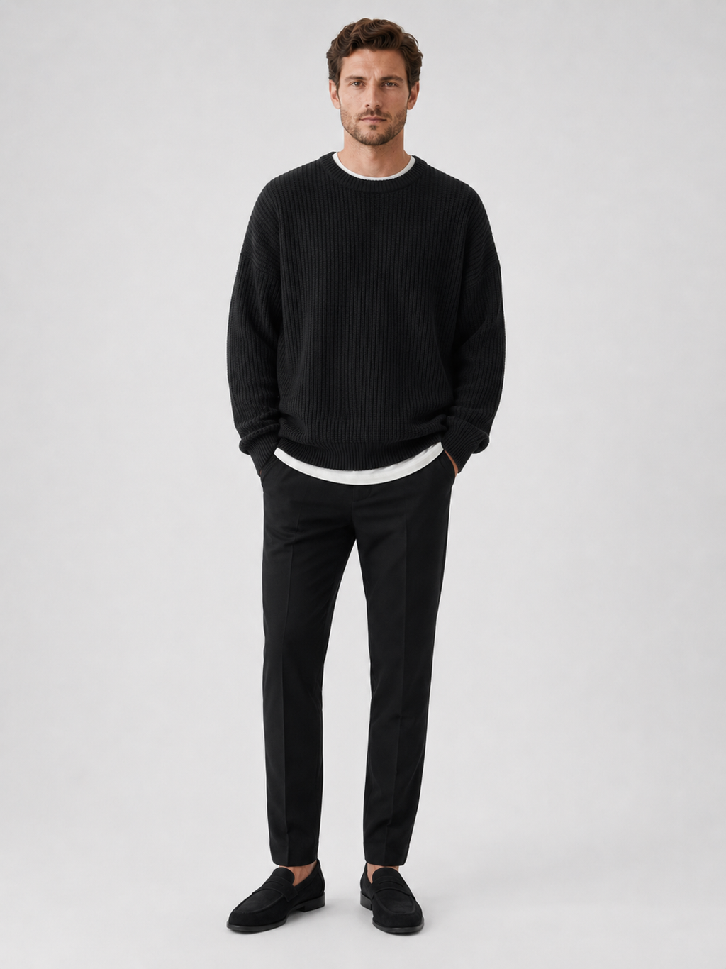 Black crewneck sweater for men loose fit fall pullover for everyday wear