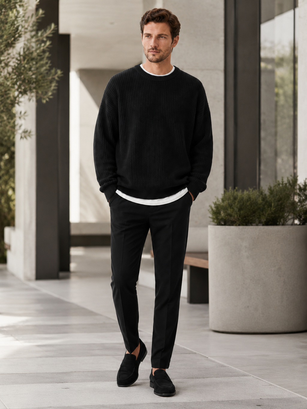 Man styling black crewneck sweater in a modern everyday fall lifestyle outfit