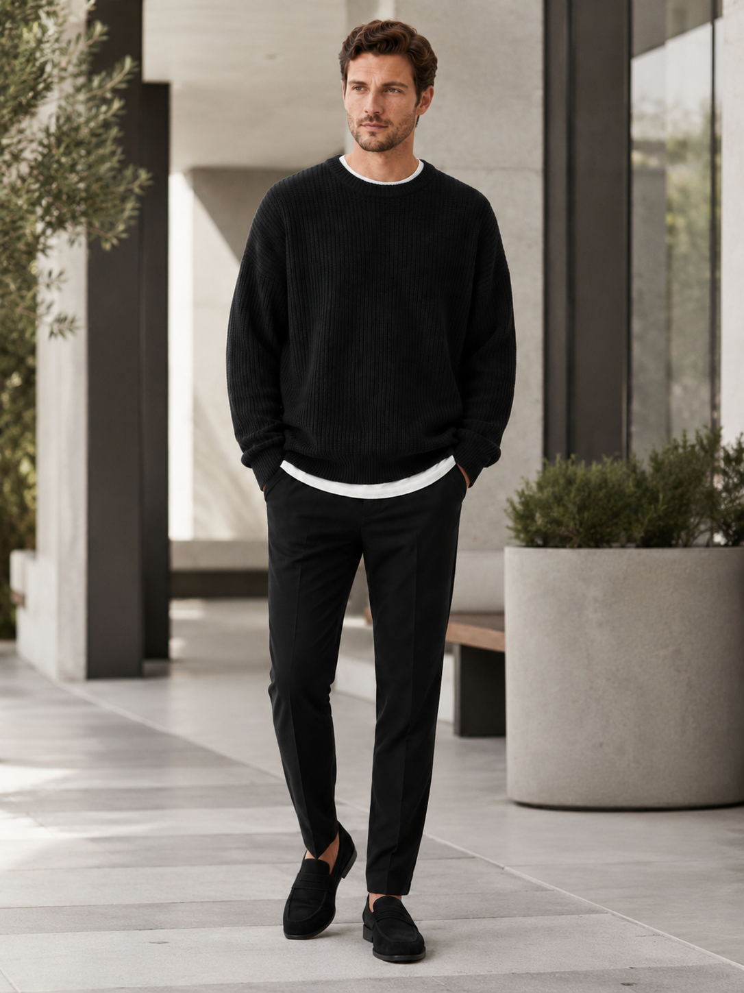 Man styling black crewneck sweater in a modern everyday fall lifestyle outfit