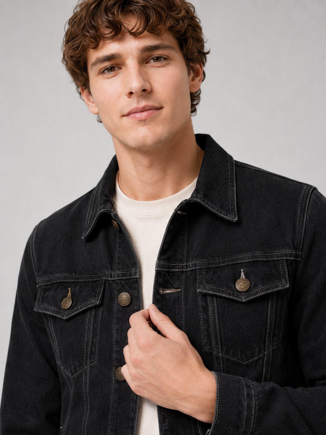 Close up of black denim jacket showing washed cotton texture and vintage stitching detail