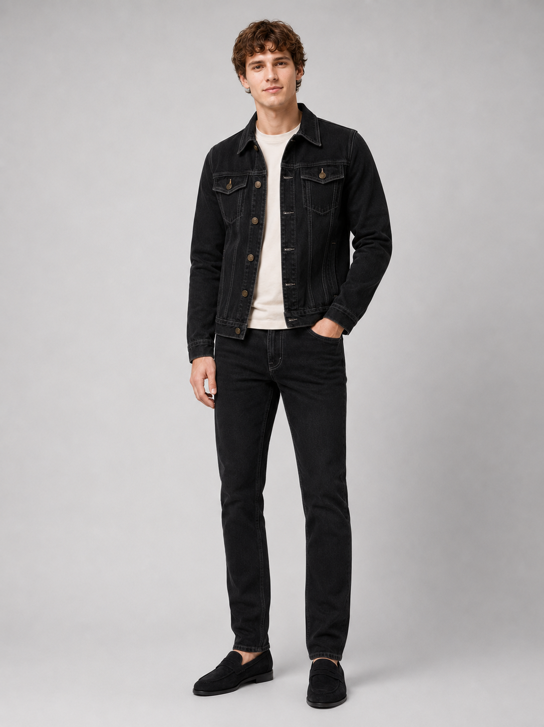 Black denim jacket for men slim fit vintage cotton outerwear for everyday wear