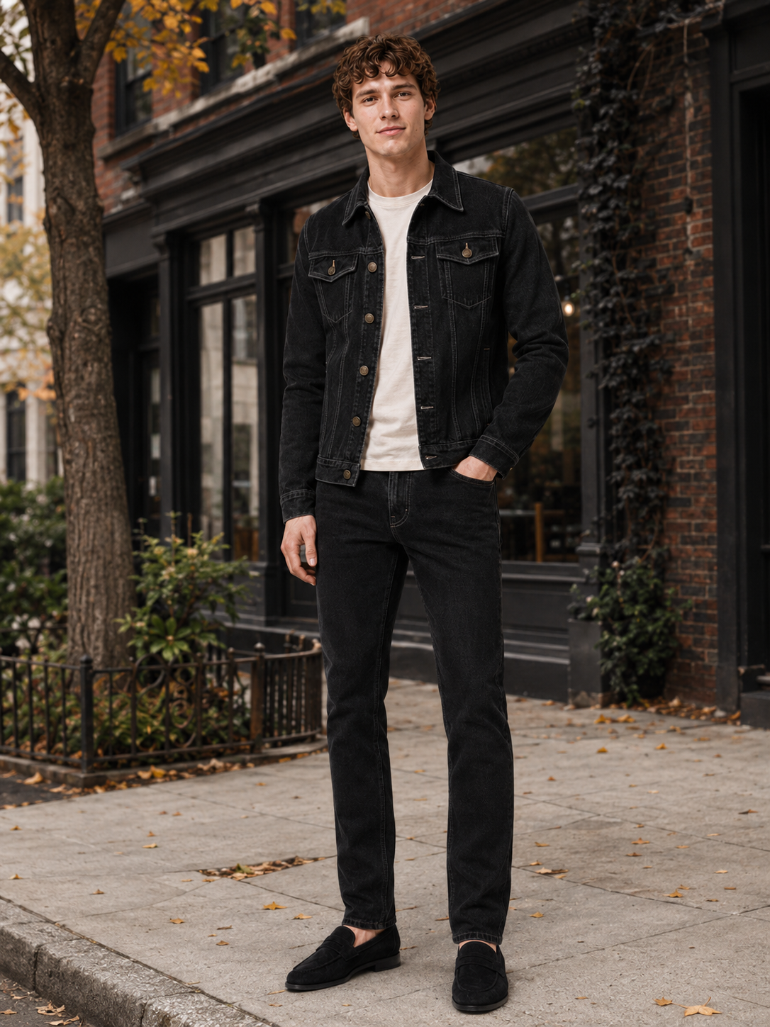 Man styling black denim jacket in a modern streetwear and everyday lifestyle outfit