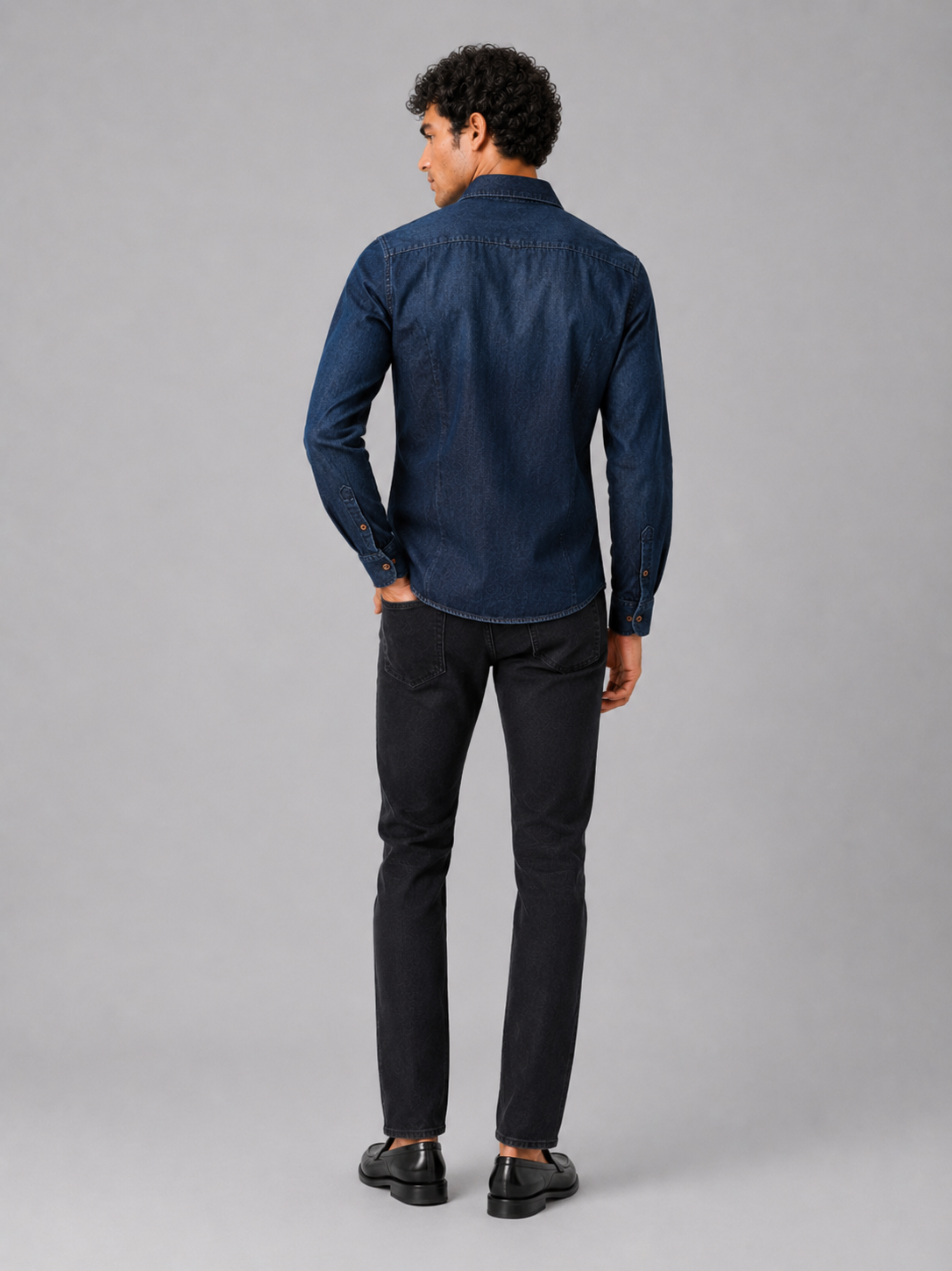 Men’s navy washed cotton denim button up shirt slim fit everyday casual wear