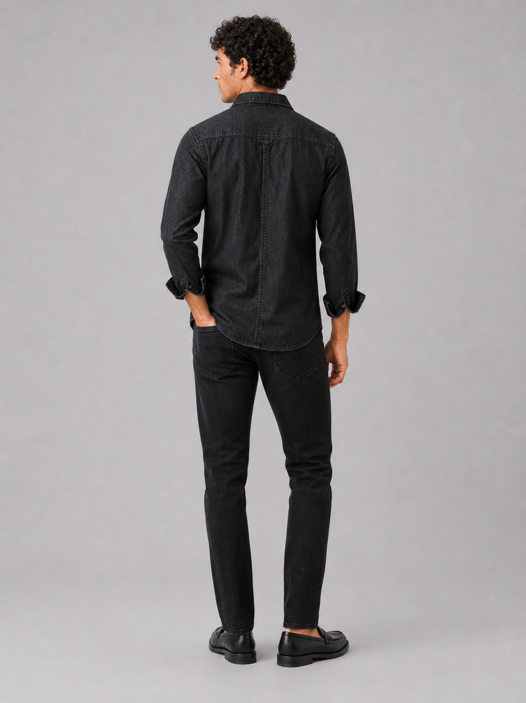 Men’s black washed cotton denim button up shirt slim fit everyday casual wear