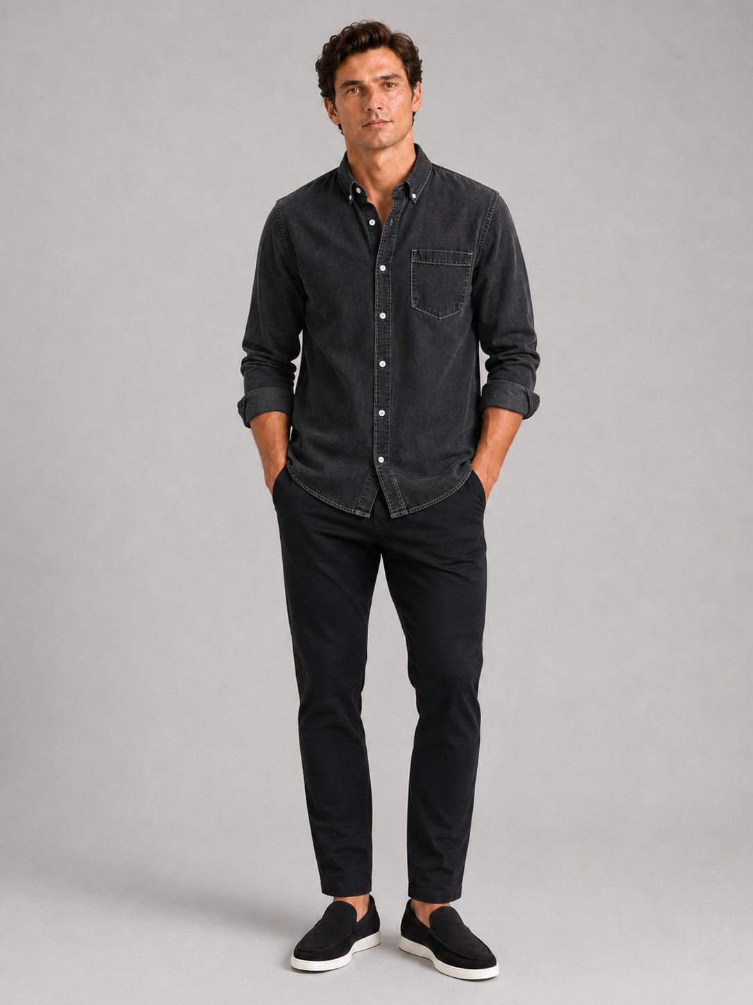Black denim shirt for men long sleeve casual button down for everyday wear