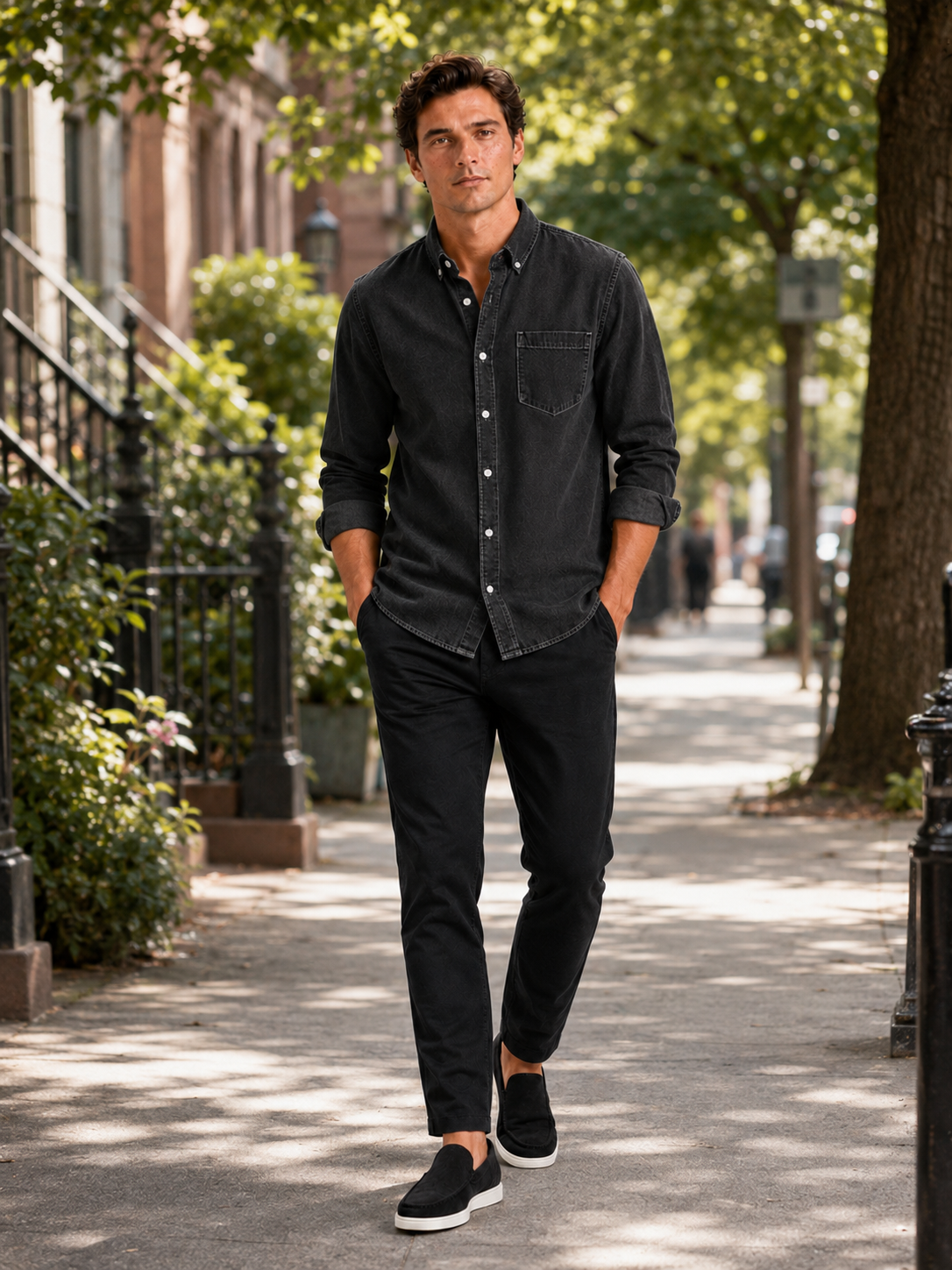 Man styling black denim shirt in a modern everyday casual lifestyle outfit