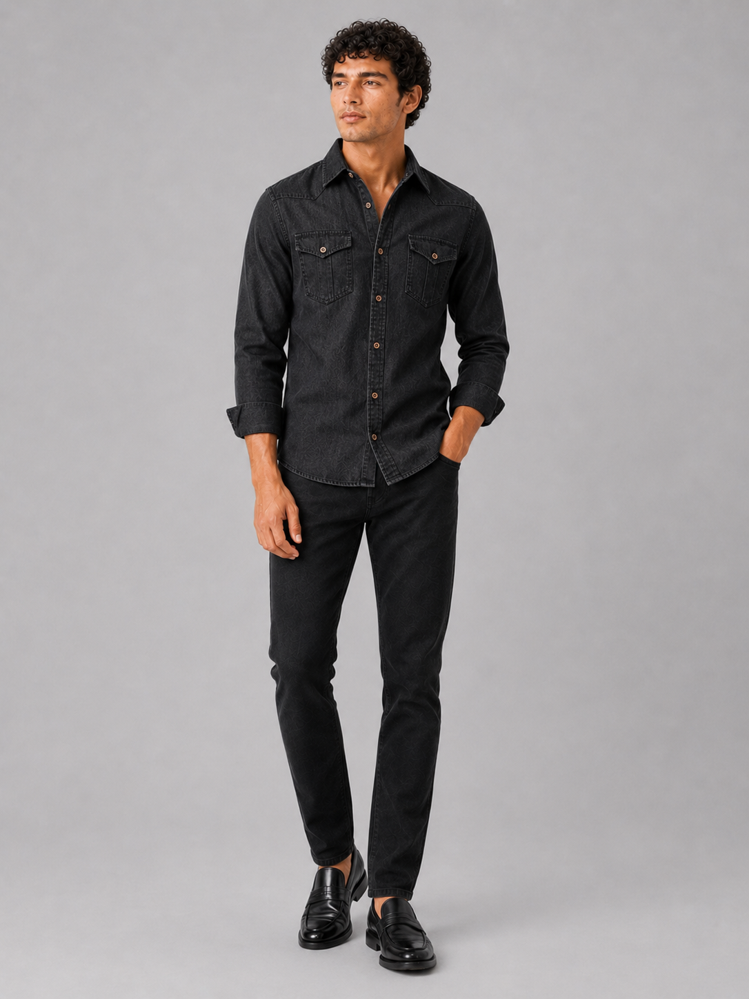 Black denim shirt for men long sleeve slim fit casual western workwear outfit