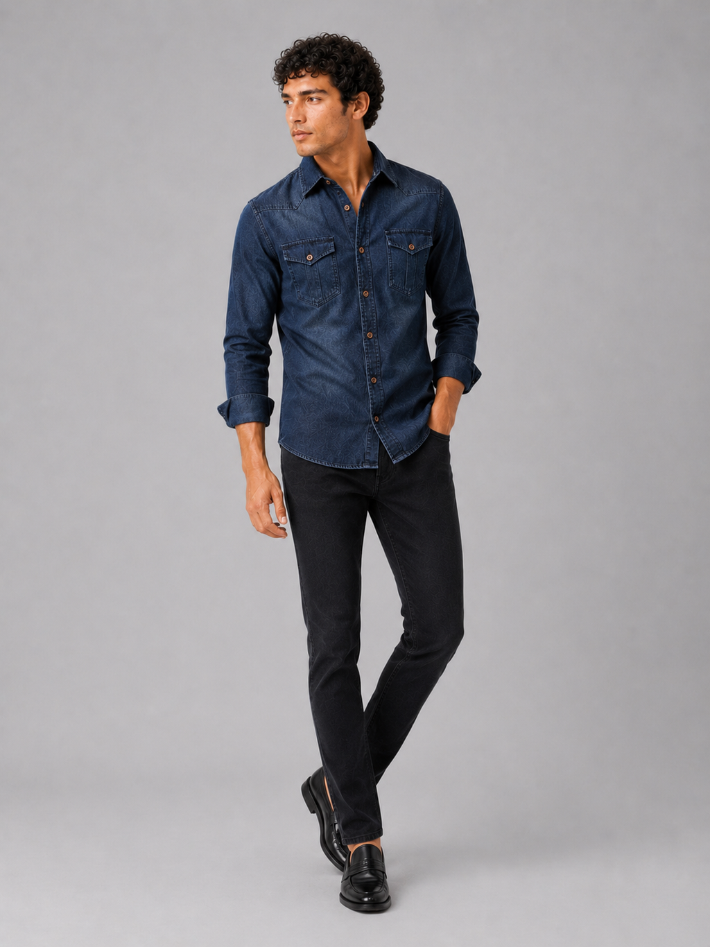 Navy denim shirt for men long sleeve slim fit casual western workwear outfit