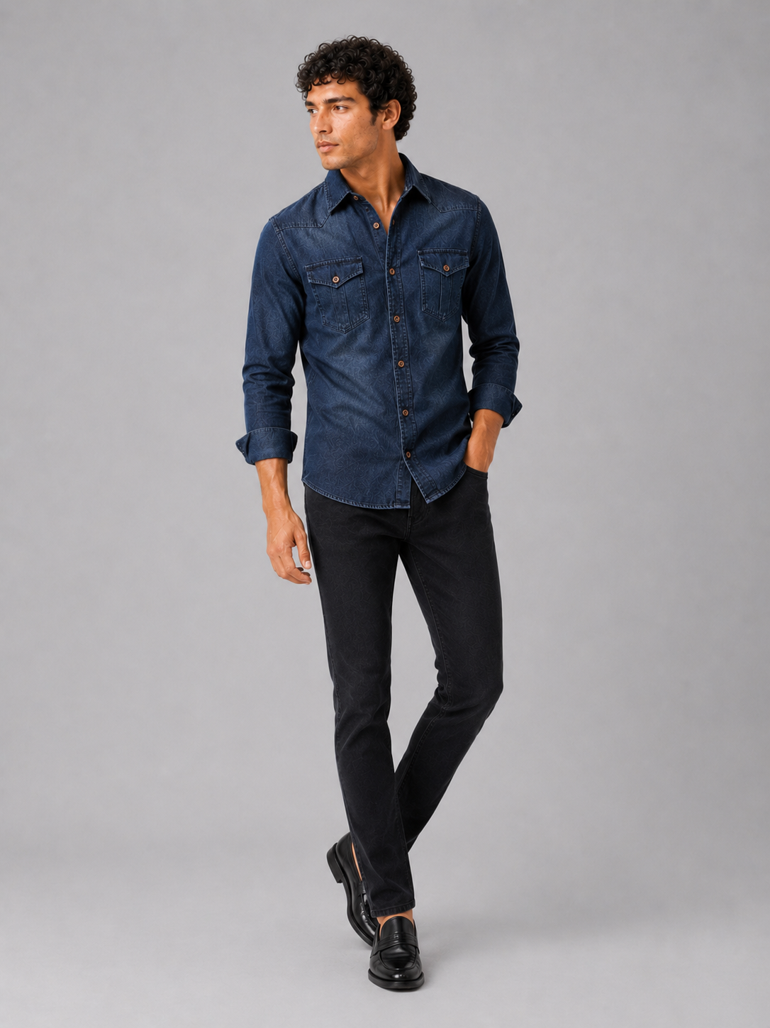 Navy denim shirt for men long sleeve slim fit casual western workwear outfit