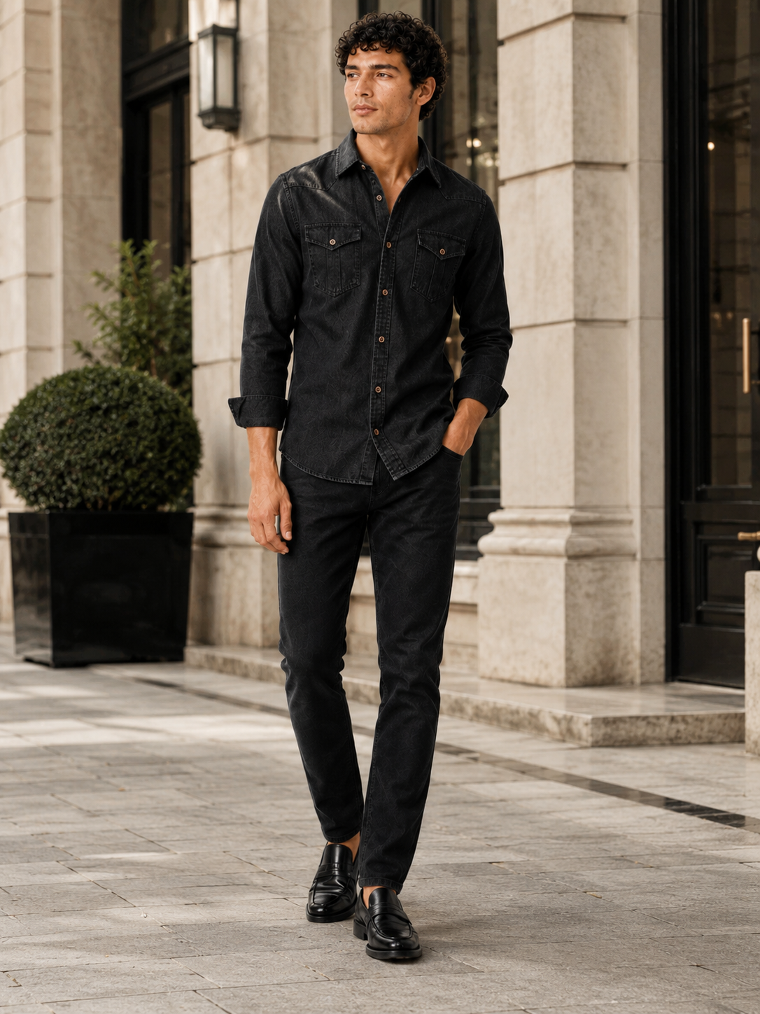 Man styling black denim shirt in a modern casual western workwear outfit