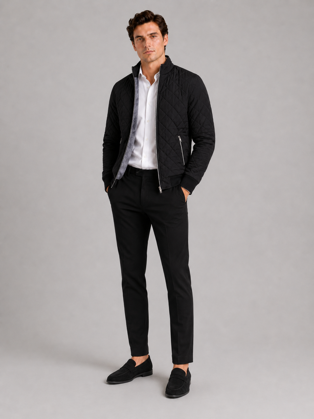 Black fleece lined bomber jacket for men slim fit warm coat for everyday winter wear