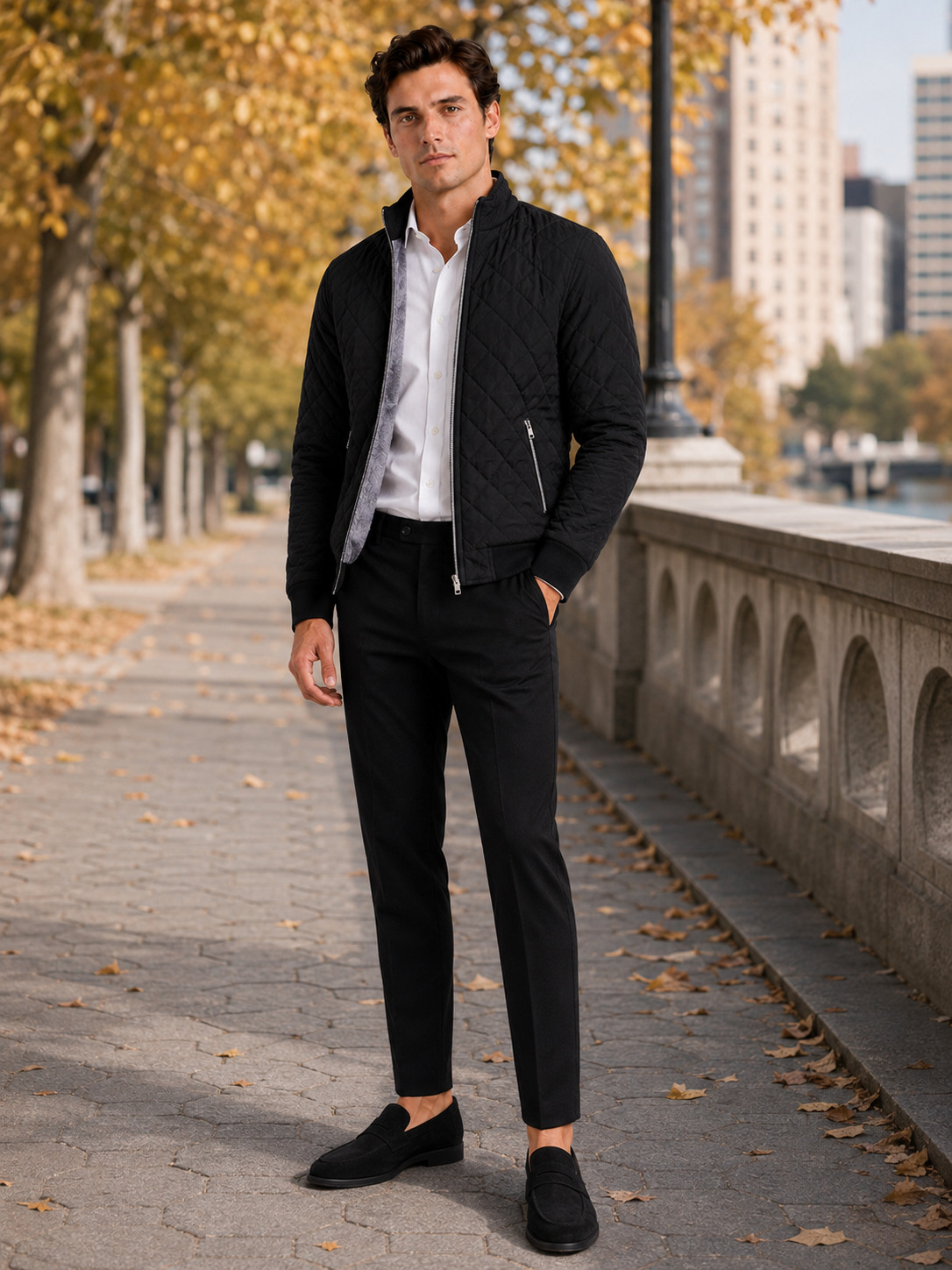 Man styling black fleece lined bomber jacket in a modern everyday and outdoor lifestyle outfit