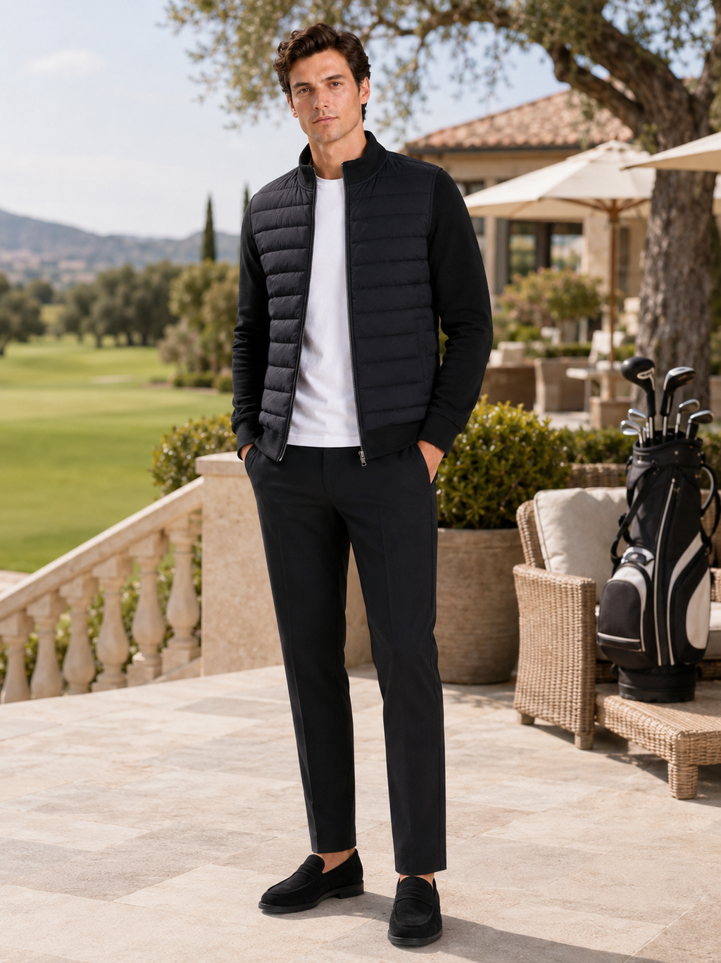 Man styling black stand collar down jacket in a sleek golf and everyday lifestyle outfit