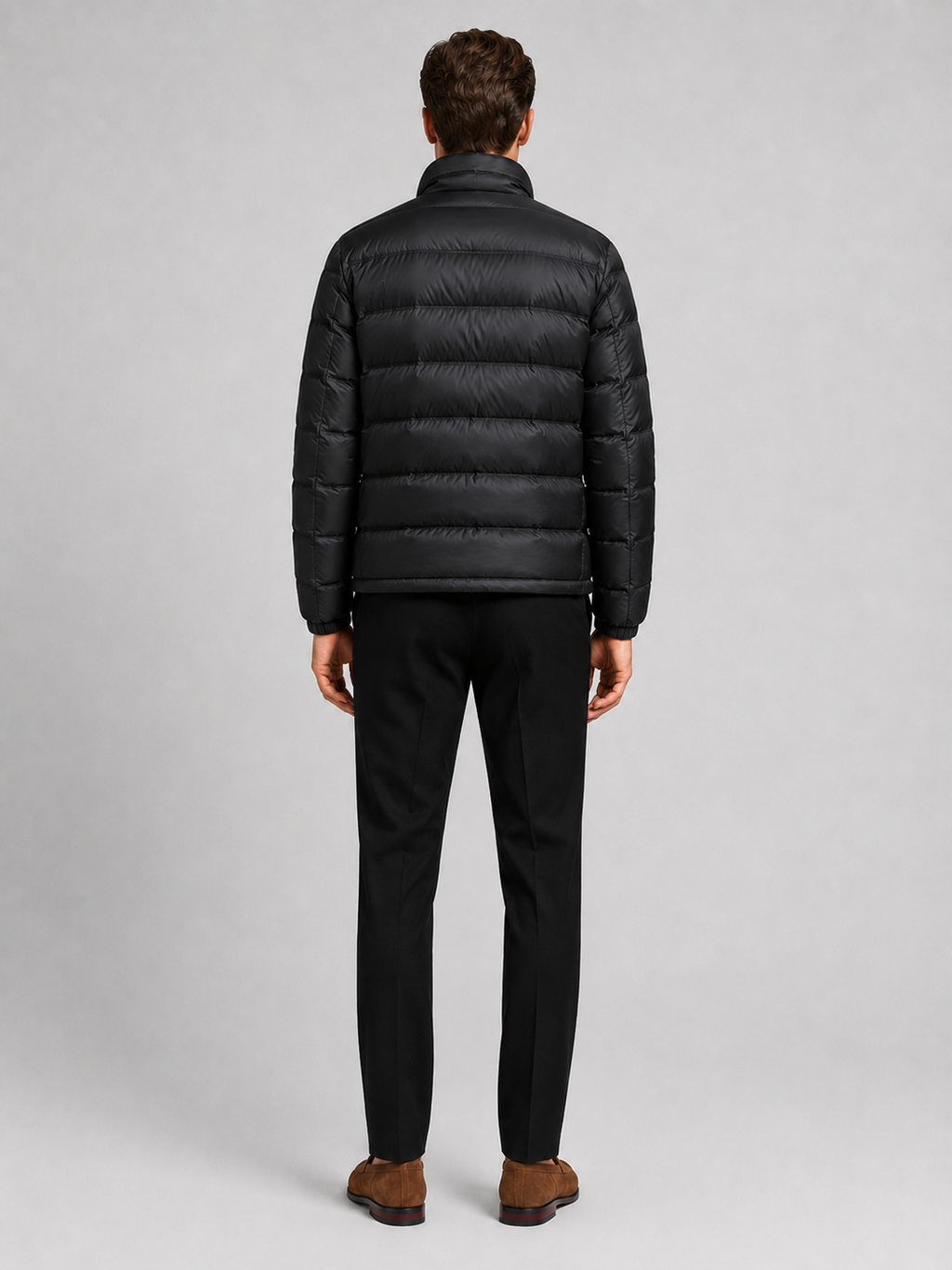 Men’s black insulated down jacket comfortable lightweight outerwear for commuting, travel, and everyday outfits