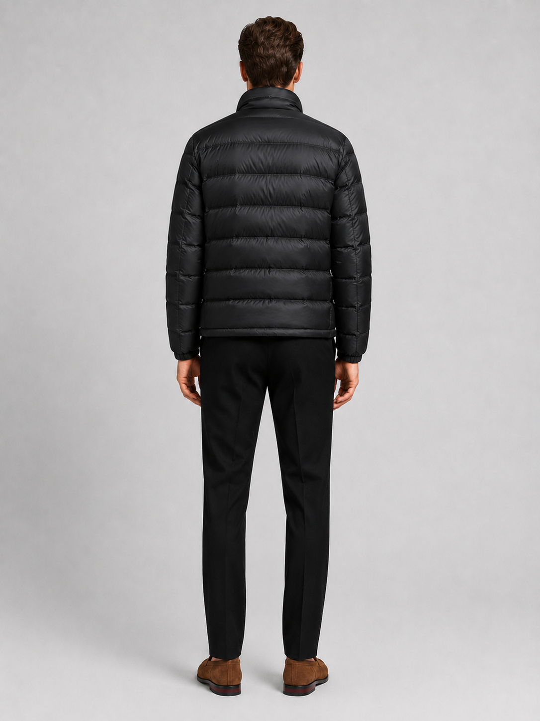 Men’s black insulated down jacket comfortable lightweight outerwear for commuting, travel, and everyday outfits