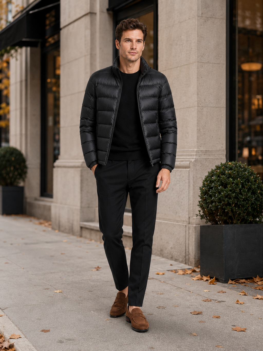 Man styling black down jacket in a modern outdoor and everyday winter lifestyle outfit