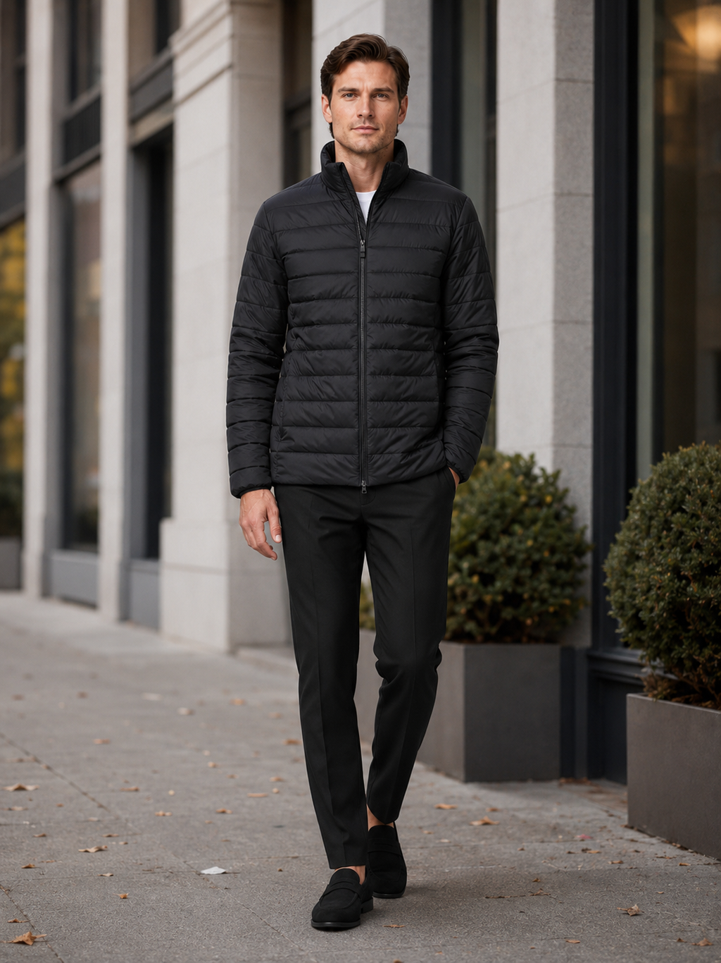 Man styling black down puffer jacket in a modern outdoor and everyday winter lifestyle outfit