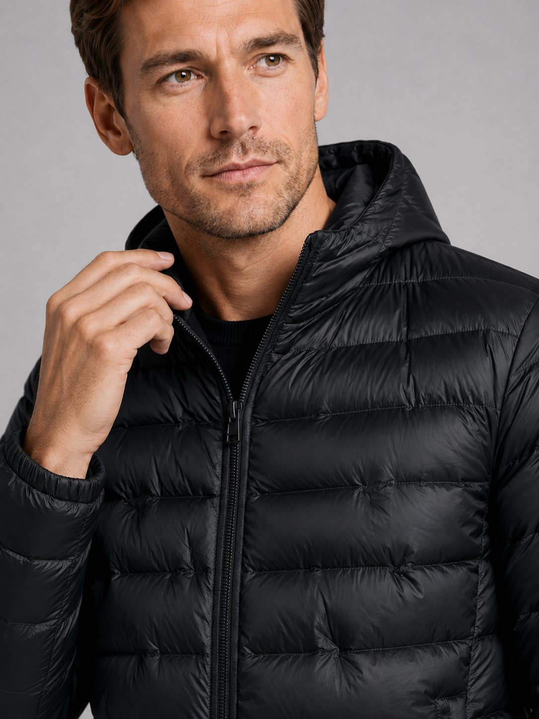 Close up of black down puffer jacket showing lightweight quilted insulation, attached hood, and weather resistant fabric detail