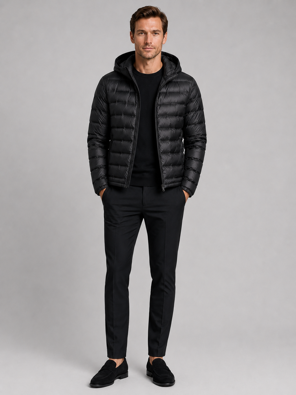 Black down puffer jacket for men lightweight windproof waterproof winter coat for outdoor and everyday wear