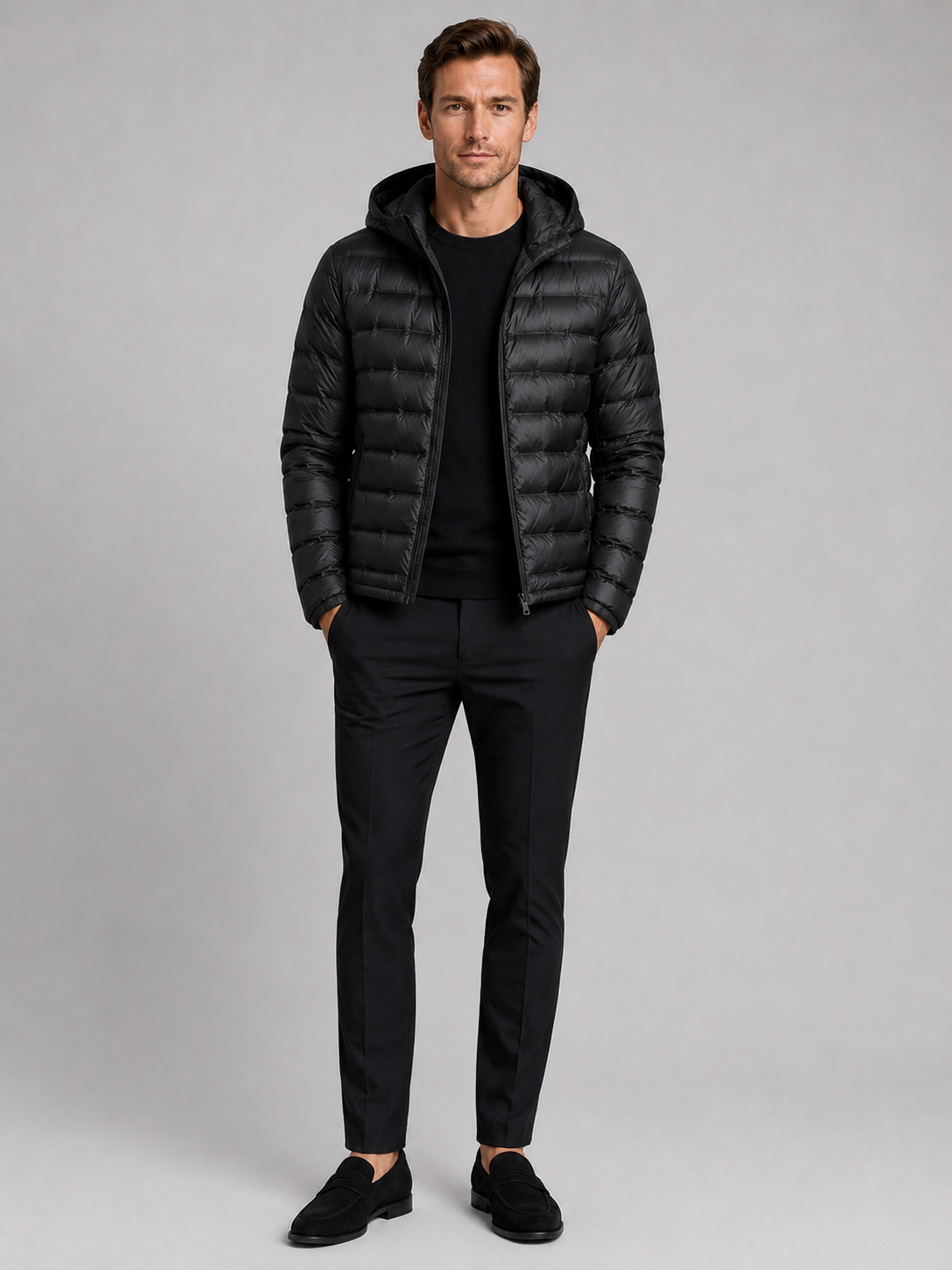 Black down puffer jacket for men lightweight windproof waterproof winter coat for outdoor and everyday wear