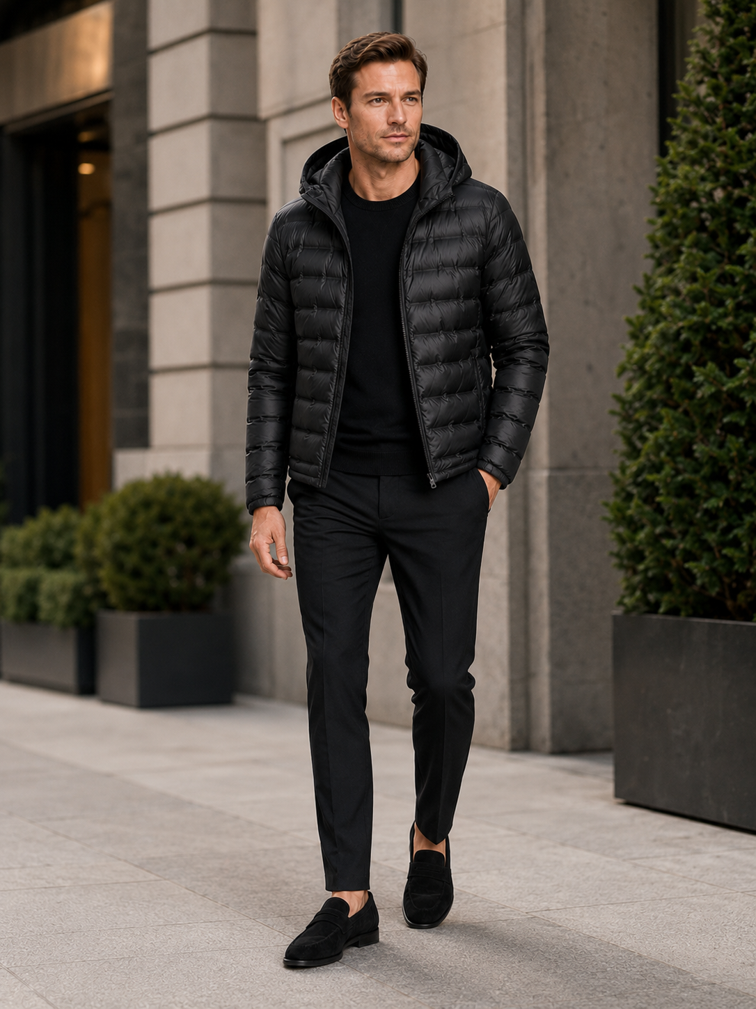 Man styling black hooded down puffer jacket in a modern outdoor and everyday winter lifestyle outfit