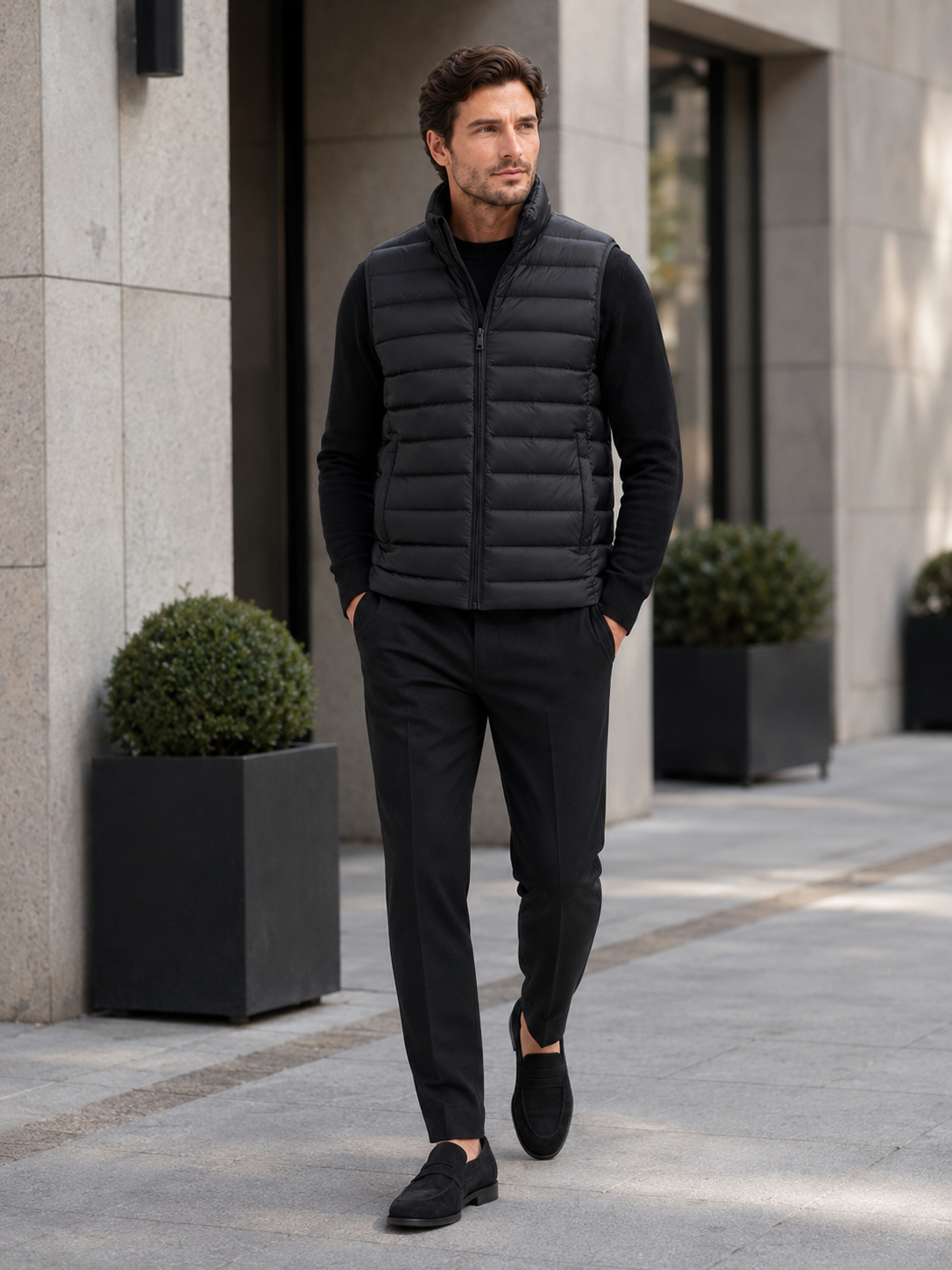 Man styling black down vest in a modern outdoor and everyday winter lifestyle outfit