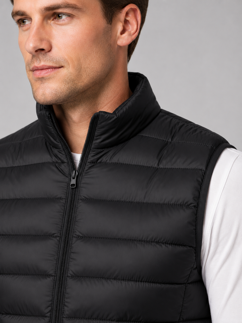 Close up of black down puffer vest showing lightweight quilted insulation, stand collar, and zip front detail