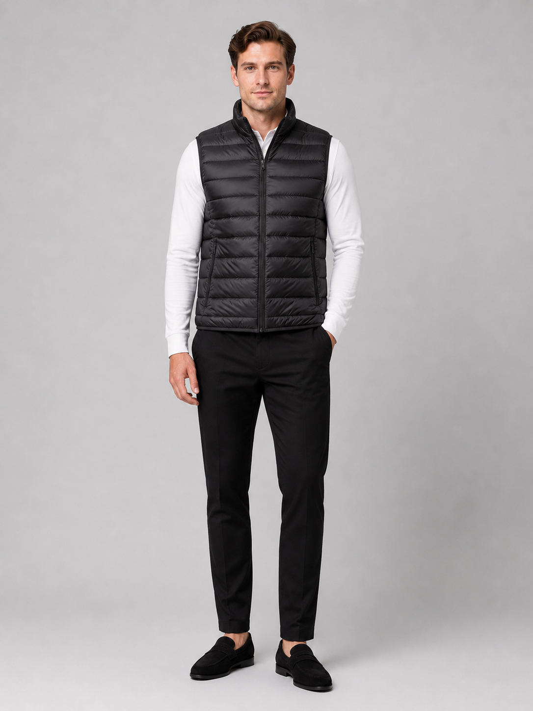 Black ultralight down vest for men warm sleeveless winter layer for travel and everyday wear