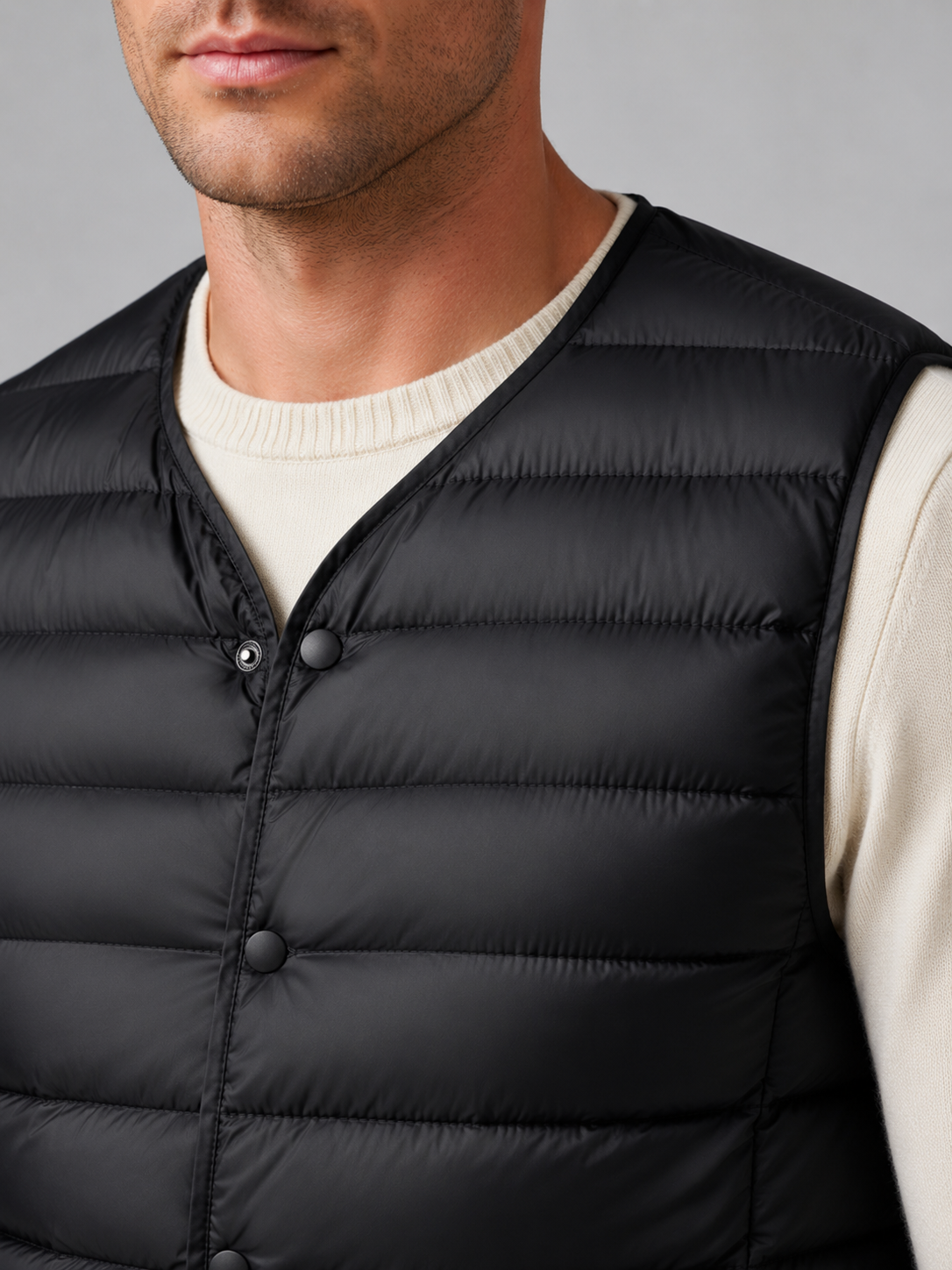 Close up of black down puffer vest showing lightweight quilted insulation, button front, and weather resistant fabric detail