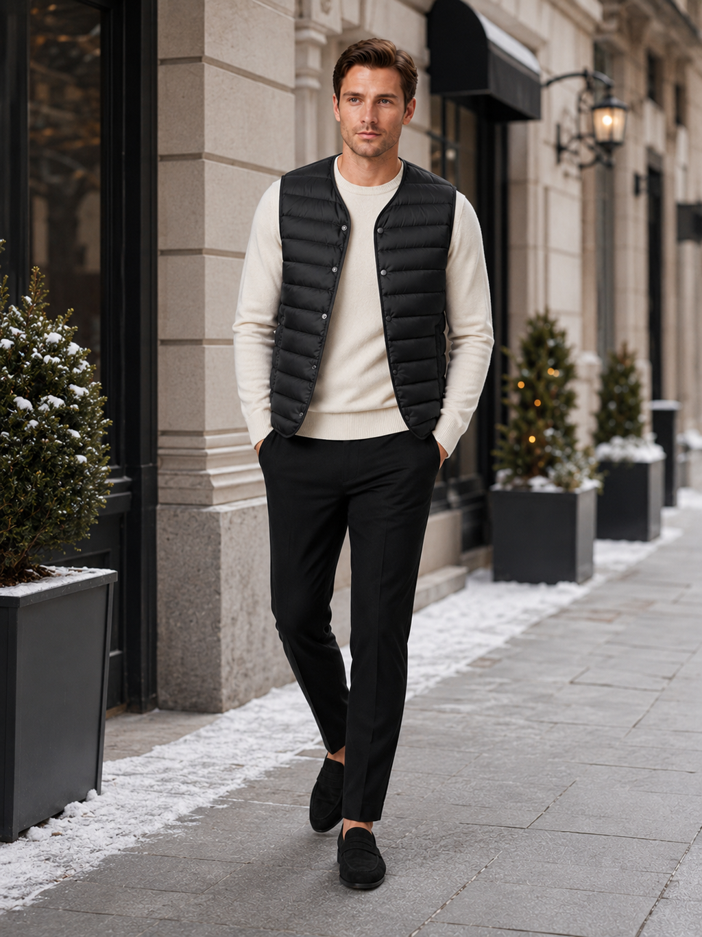 Man styling black down vest in a modern outdoor and everyday winter lifestyle outfit