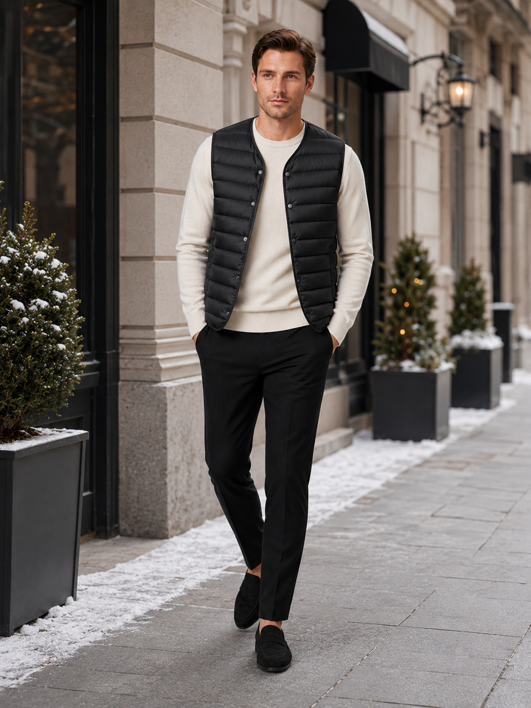 Man styling black down vest in a modern outdoor and everyday winter lifestyle outfit