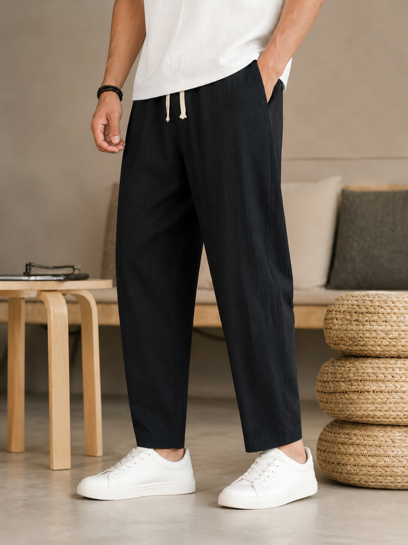 Men’s black drawstring pants lightweight comfortable loose fit smart casual summer wear
