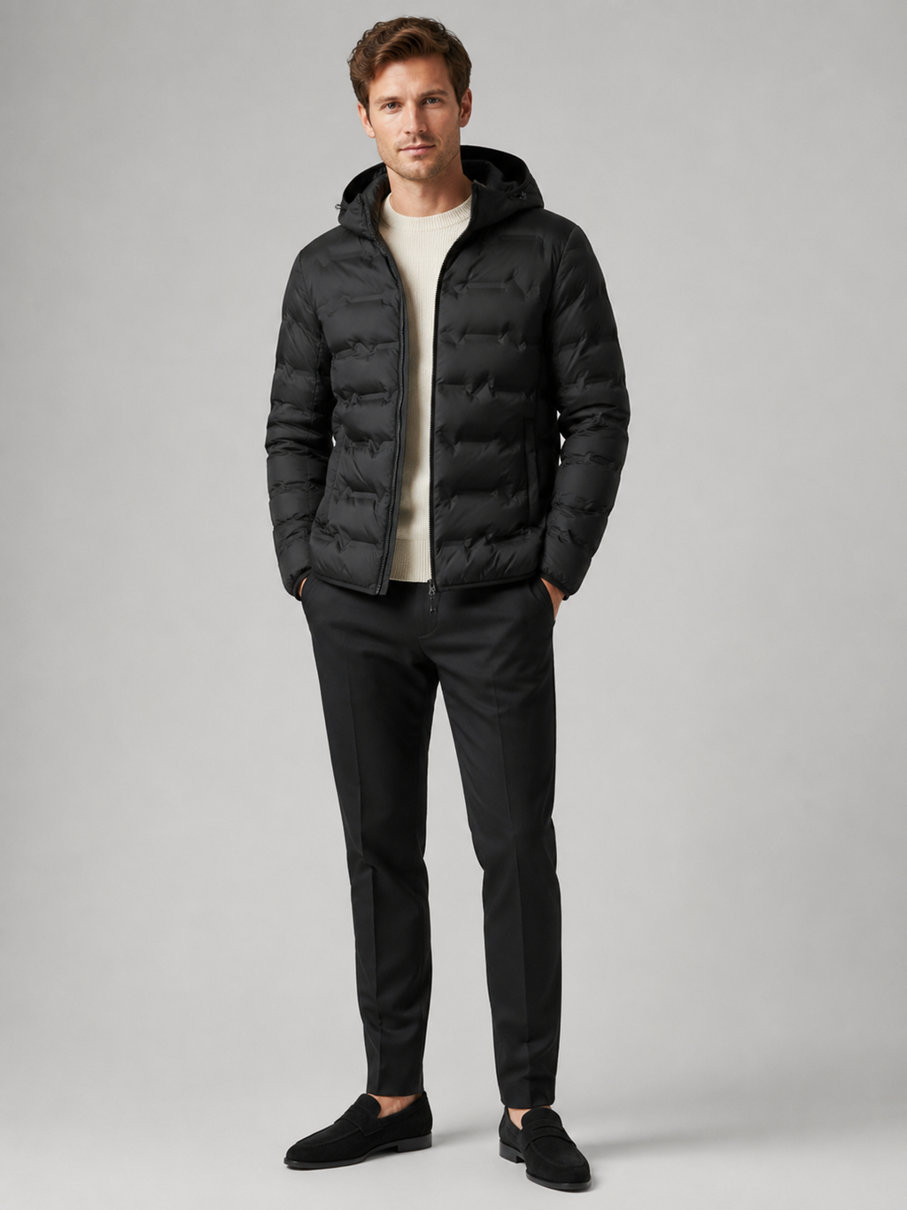 Black duck down hooded puffer jacket for men warm fall winter coat for travel and everyday wear