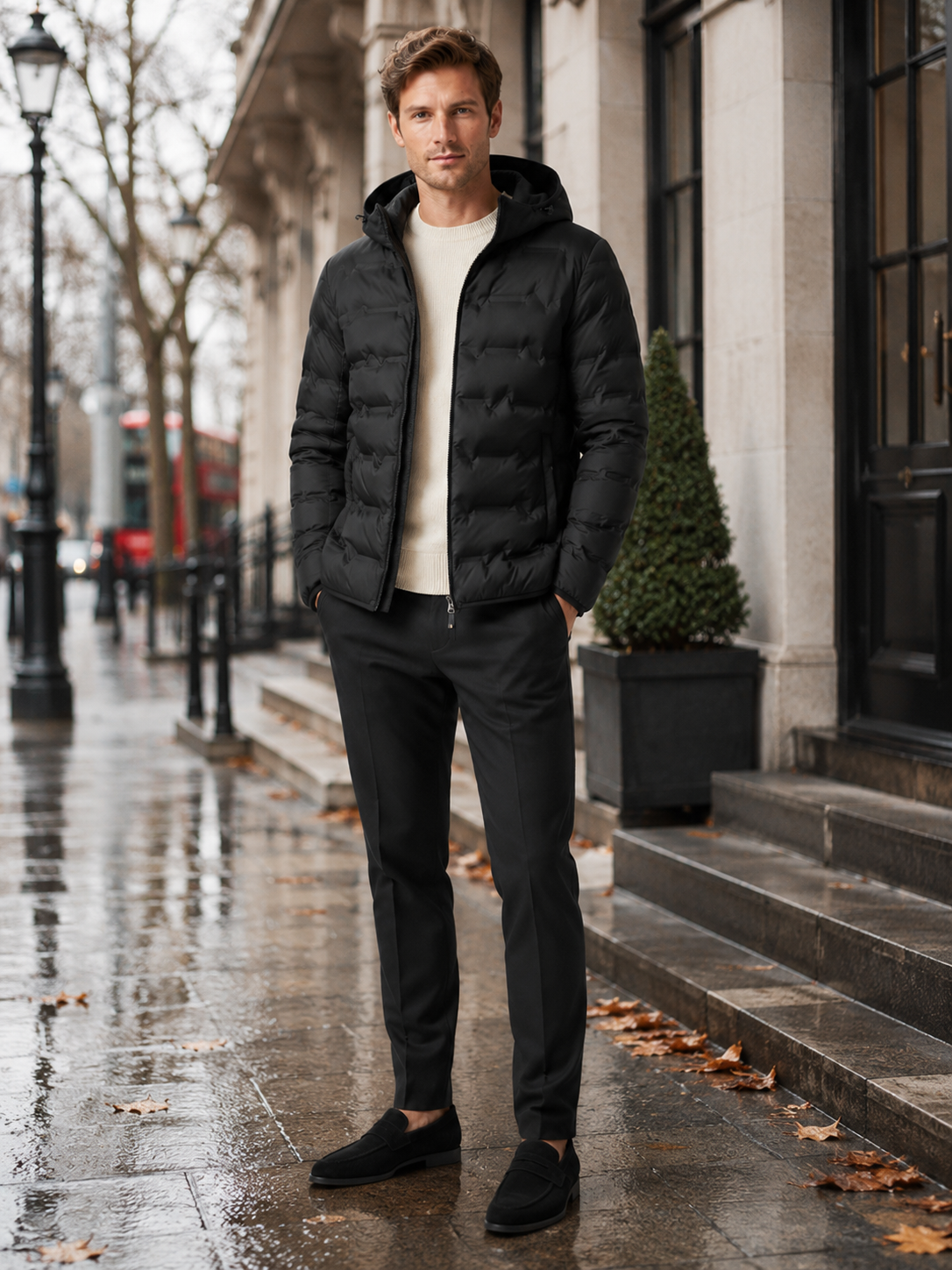 Man styling black duck down hooded puffer jacket in a modern travel and everyday winter lifestyle outfit