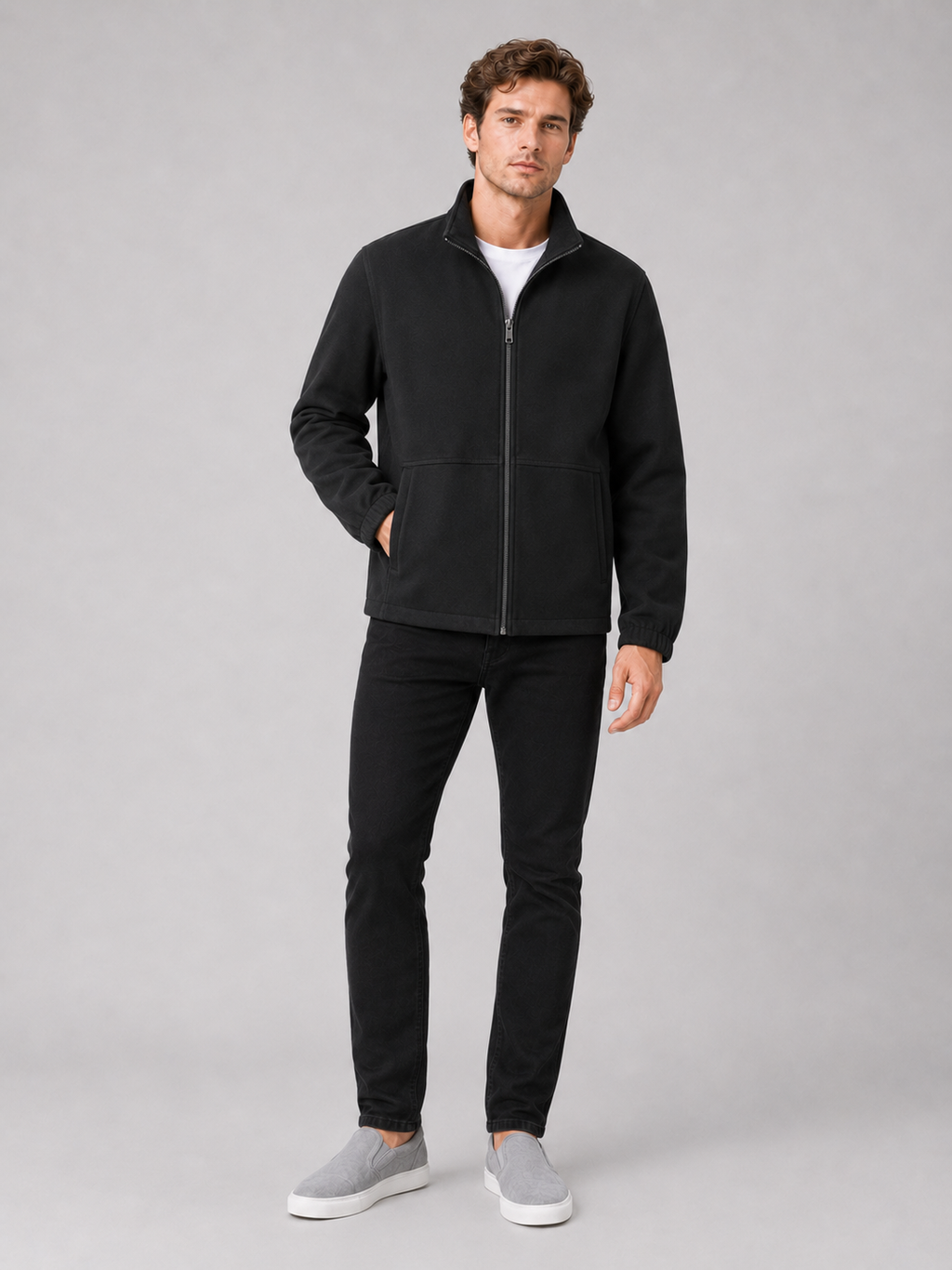 Black stand collar jacket for men loose fit outerwear for travel and everyday wear