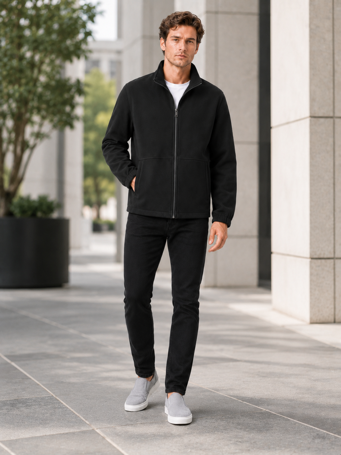 Man styling black stand collar jacket in a modern travel and everyday lifestyle outfit